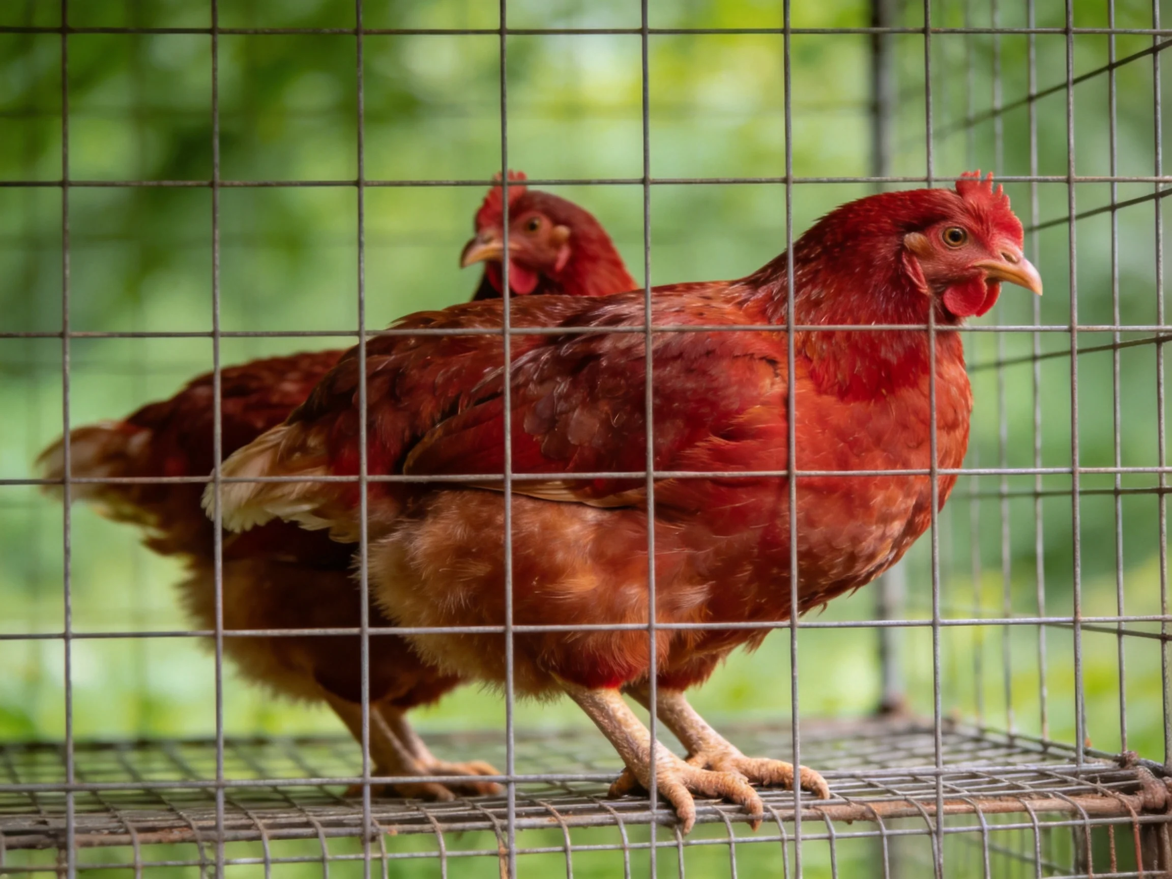 Two reddish-brown chickens inside a metal grid enclosure outdoors