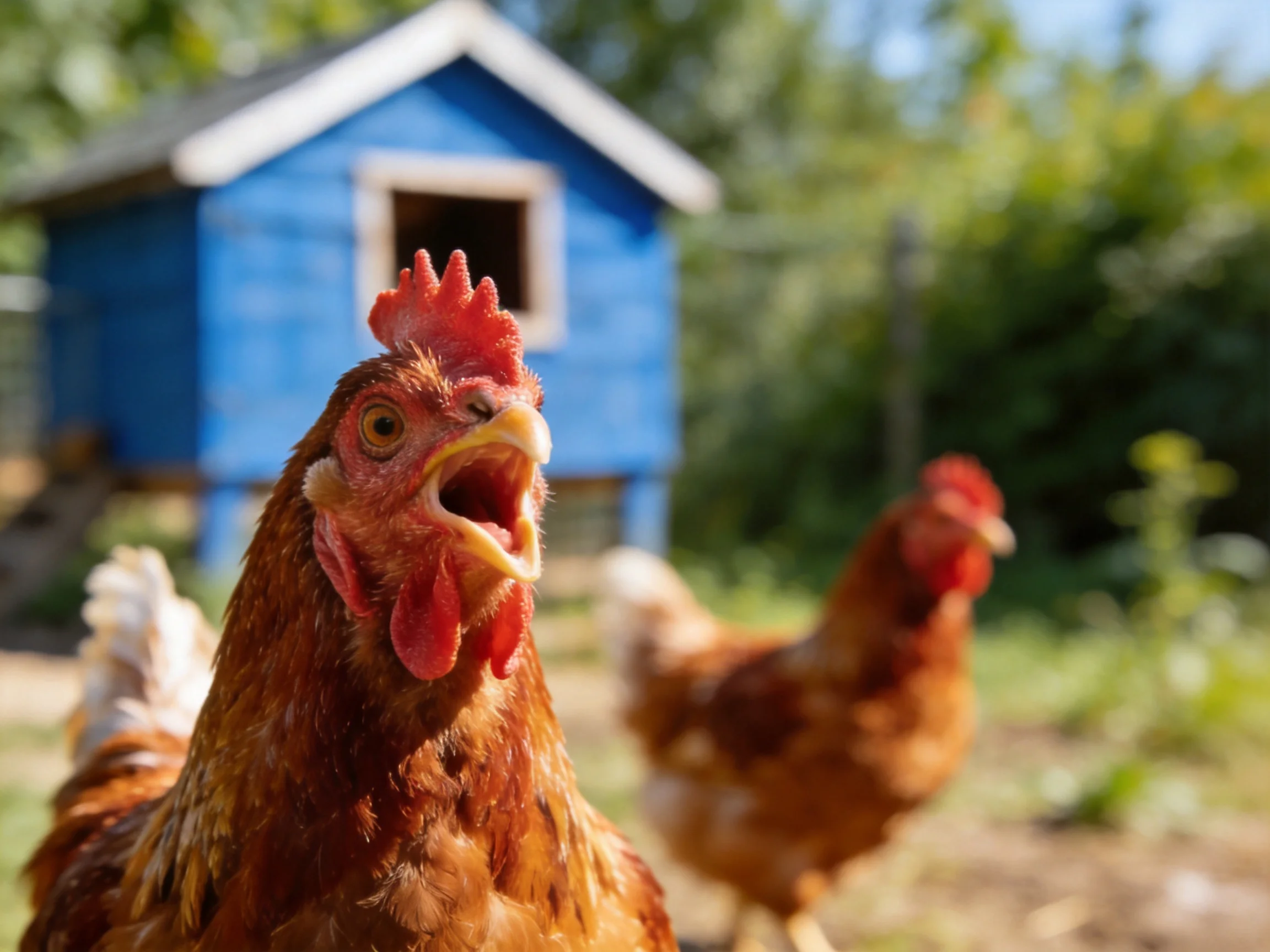 Two reddish-brown chickens near a bright blue wooden coop in a sunnyyard