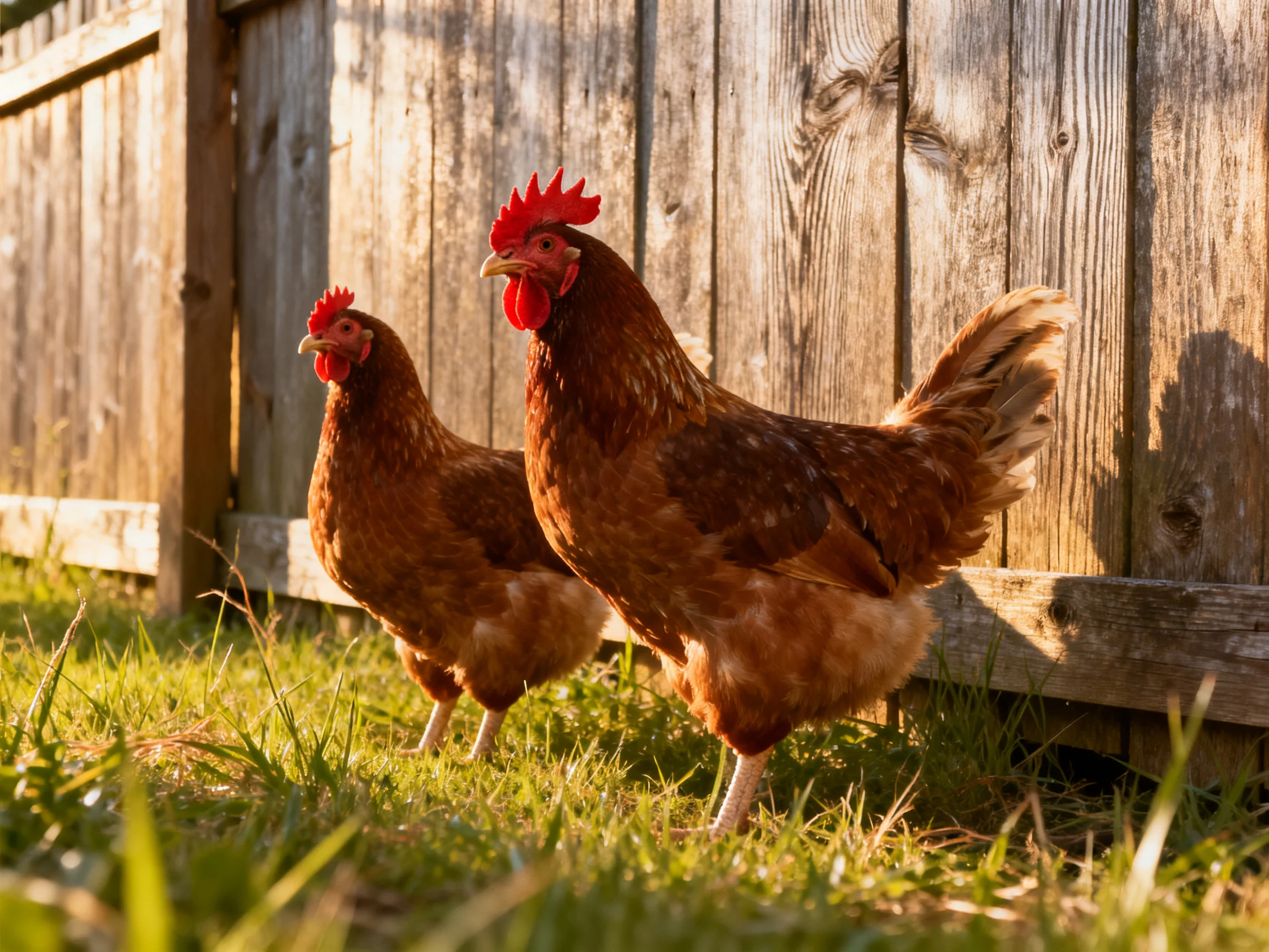 Two reddish-brown chickens near a weathered wooden fence on green grass