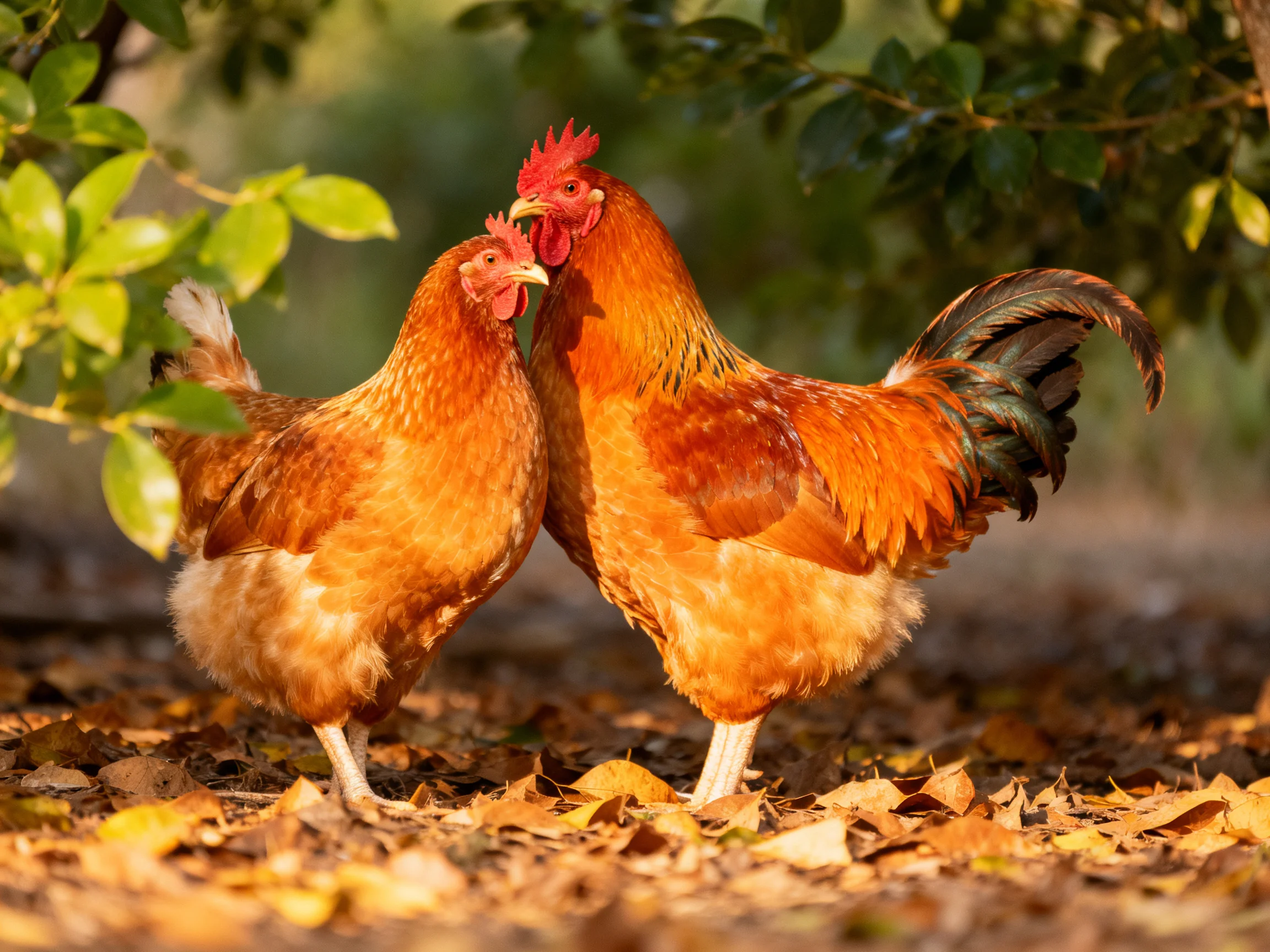 Two reddish-brown chickens nuzzling near fallen autumn leaves