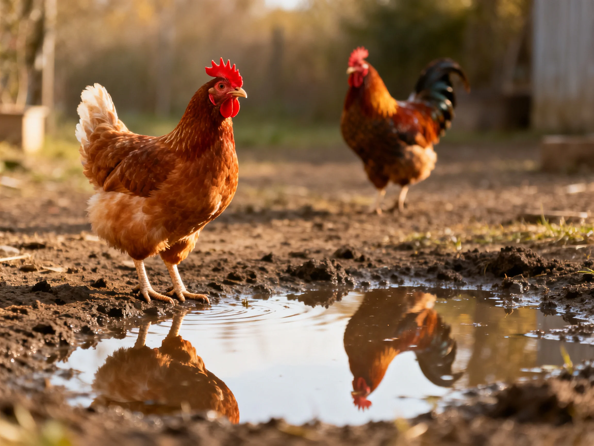 Two reddish-brown chickens on muddy terrain beside a reflective puddle
