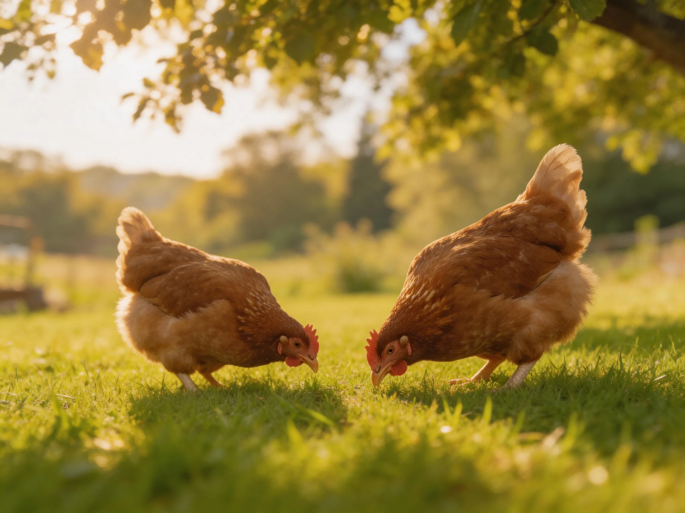 Two reddish-brown chickens pecking at grass in a sunlit countryside