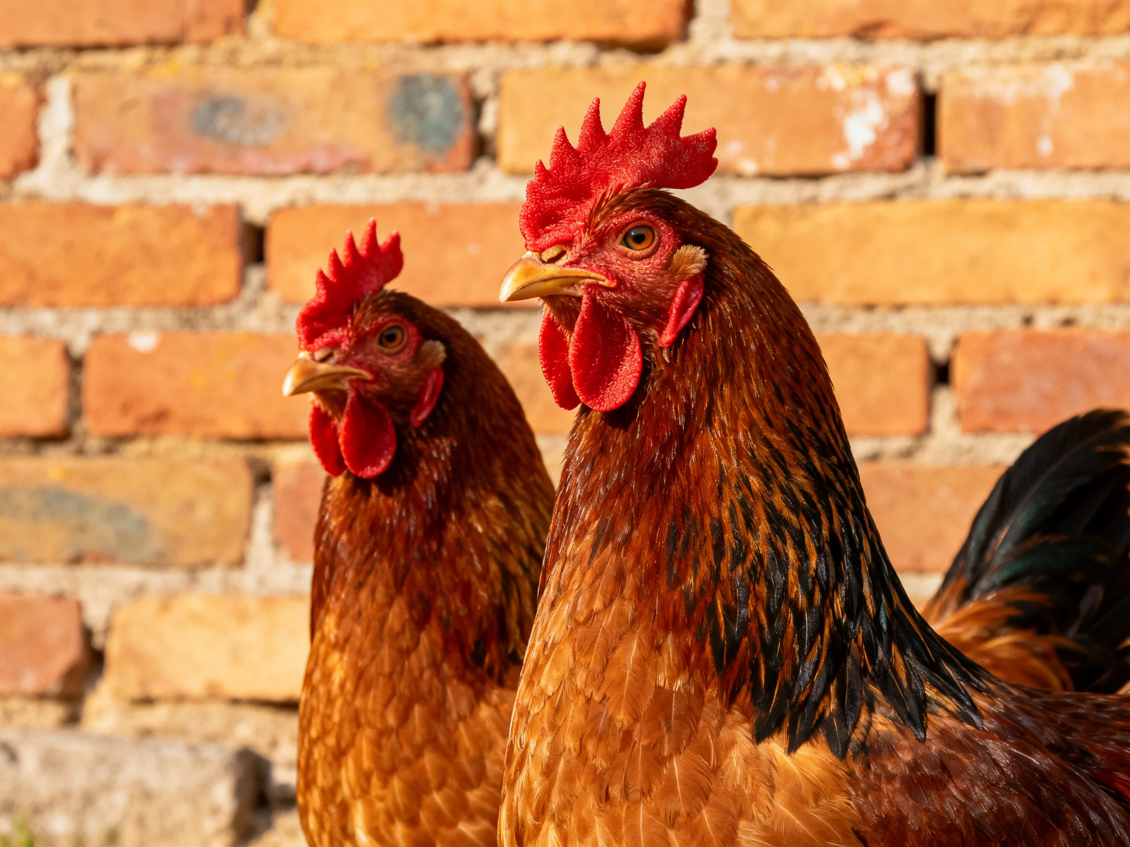 Two reddish-brown chickens with vibrant red combs beside an aged brick wall