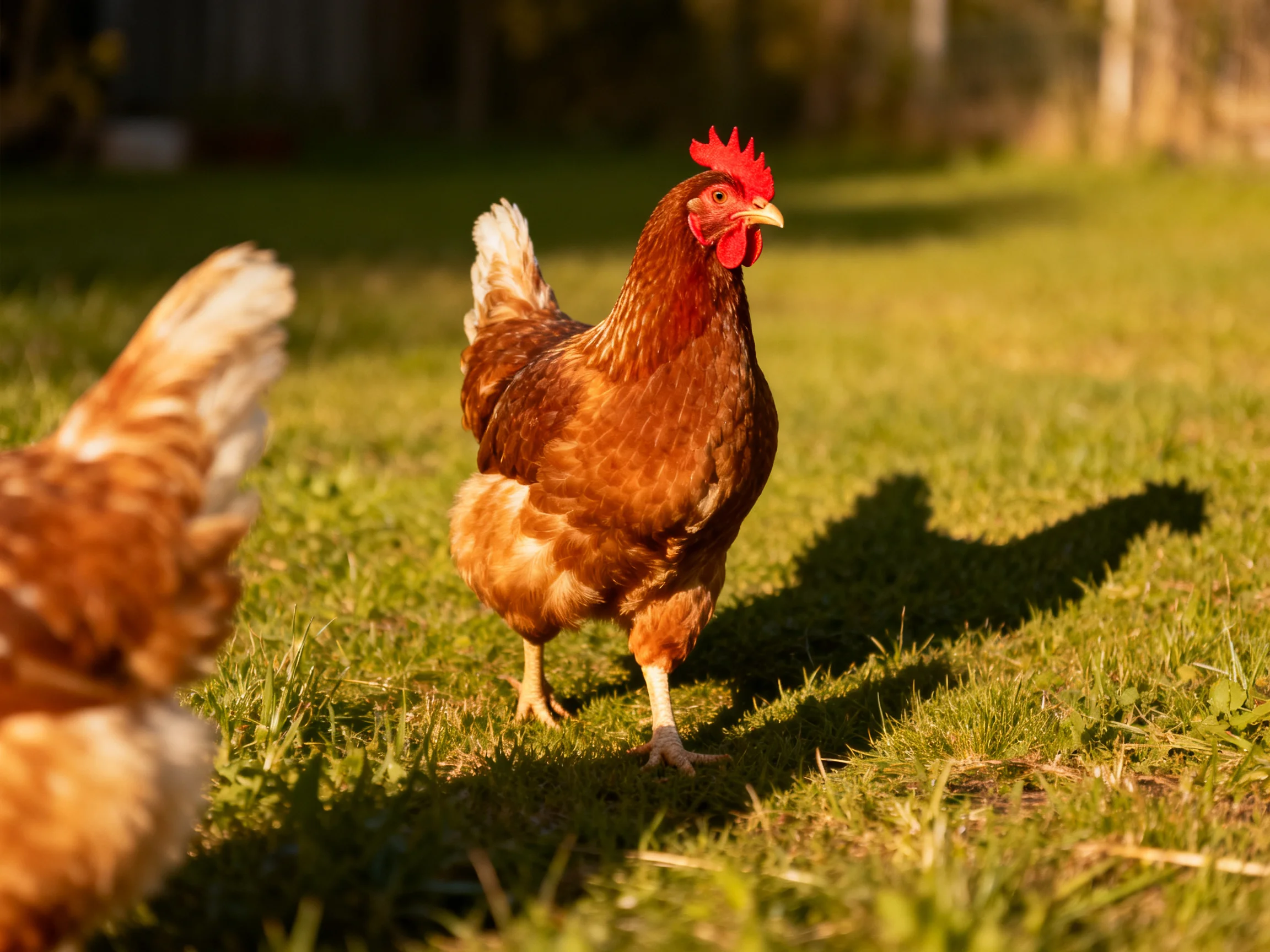 Two reddish-brown hens explore sunlit green grass