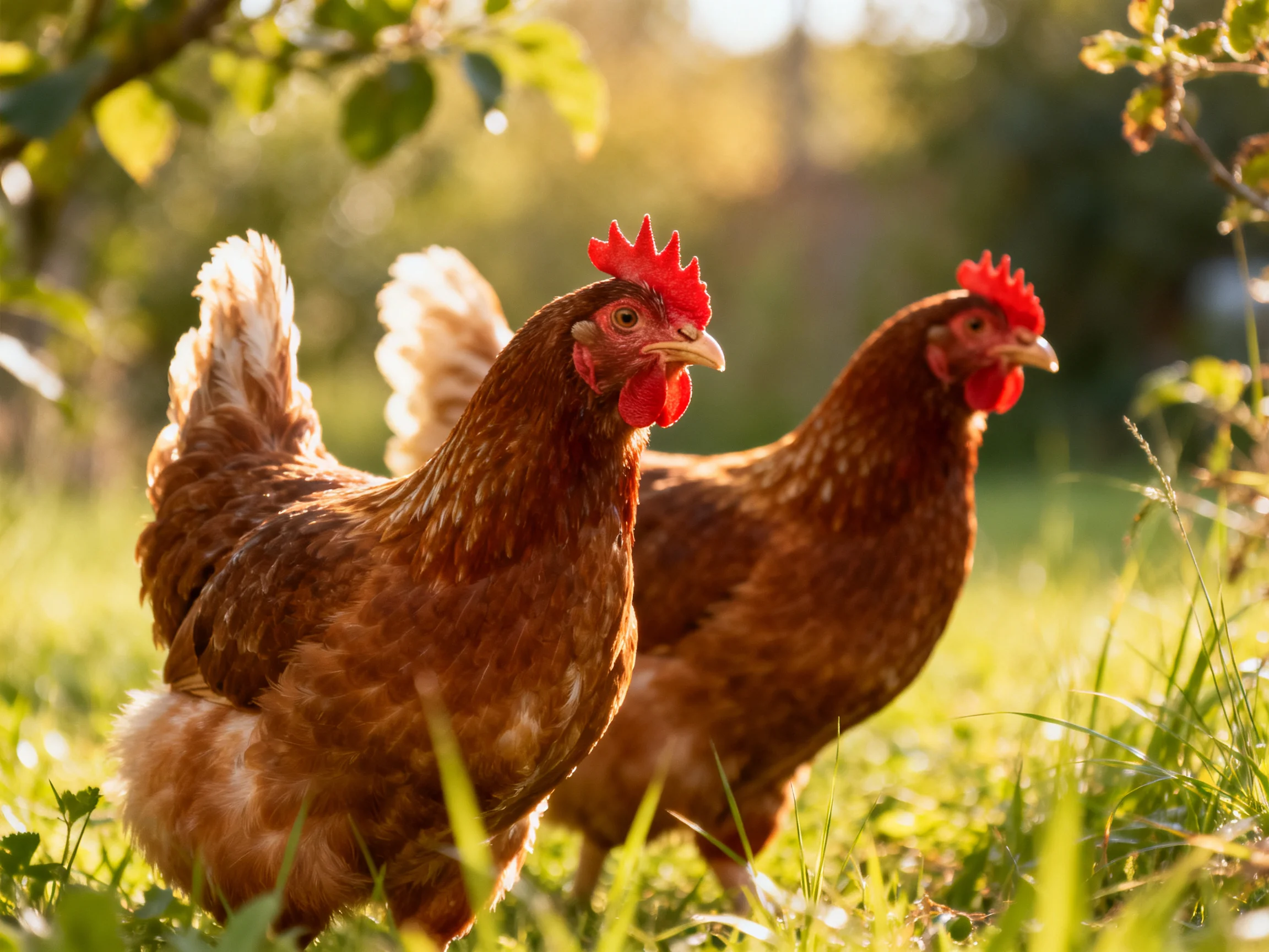 Two reddish-brown hens forage in a sunlit grassy landscape