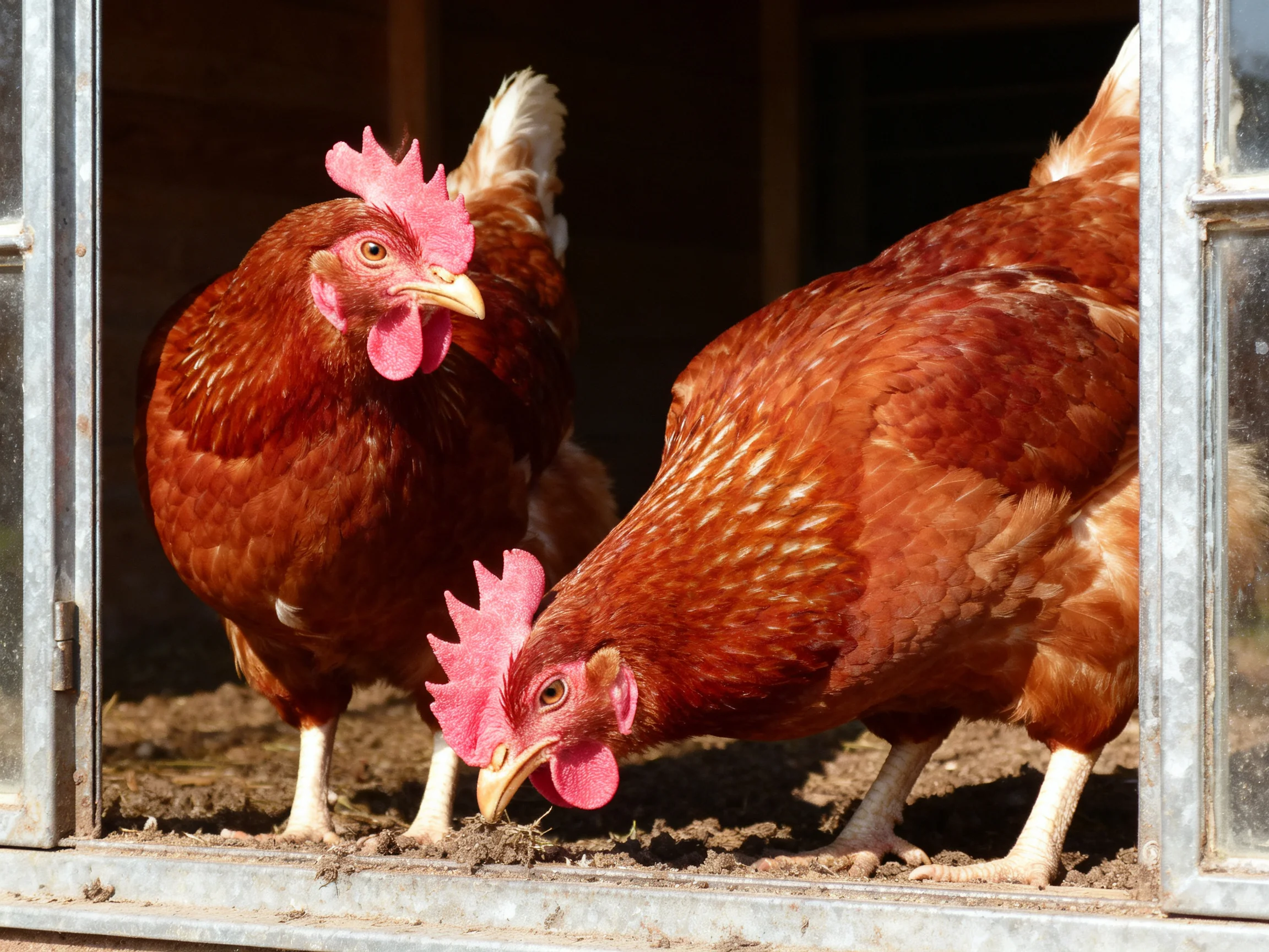 Two reddish-brown hens near a metal-framed window opening