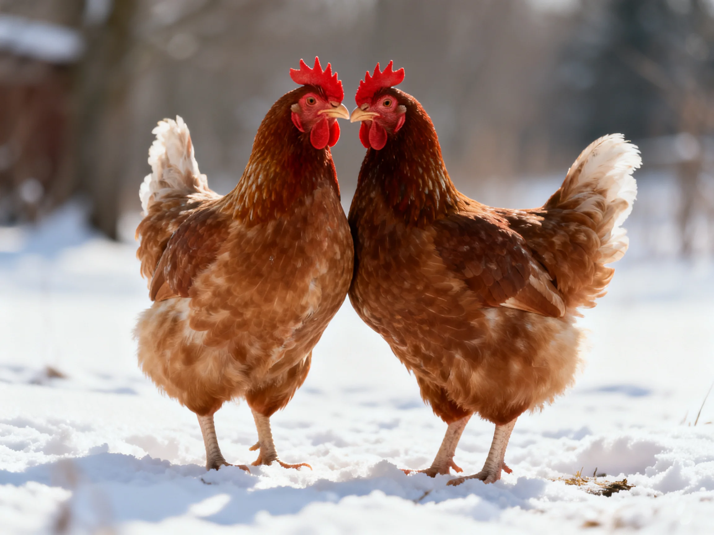 Two reddish-brown hens nuzzle each other on a snowy terrain
