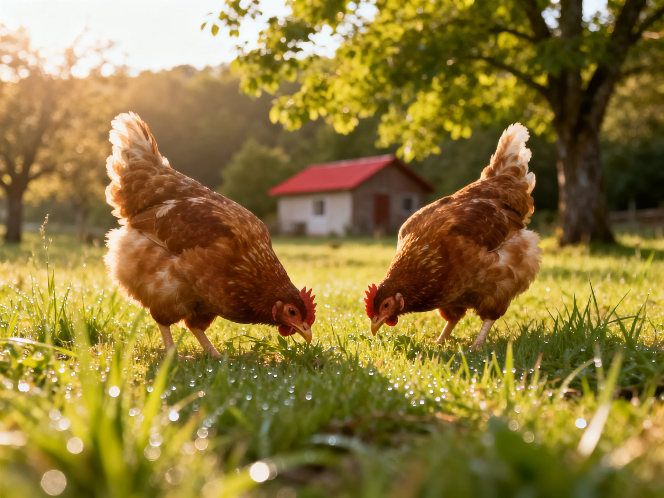 Two reddish-brown hens pecking in dewy green pasture near a red-roofed shed