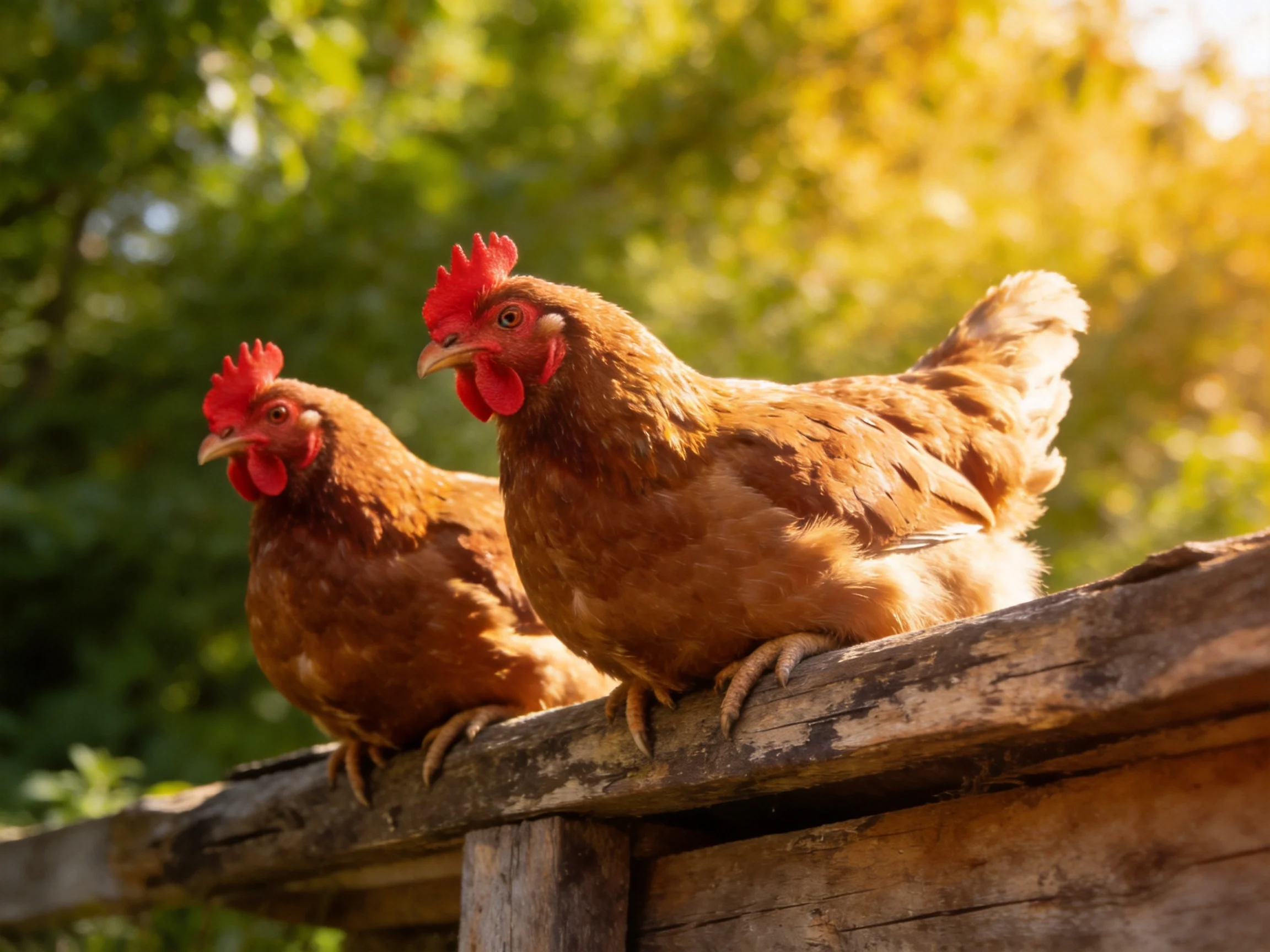 Two reddish-brown hens perch atop an aged wooden fence under golden sunlight