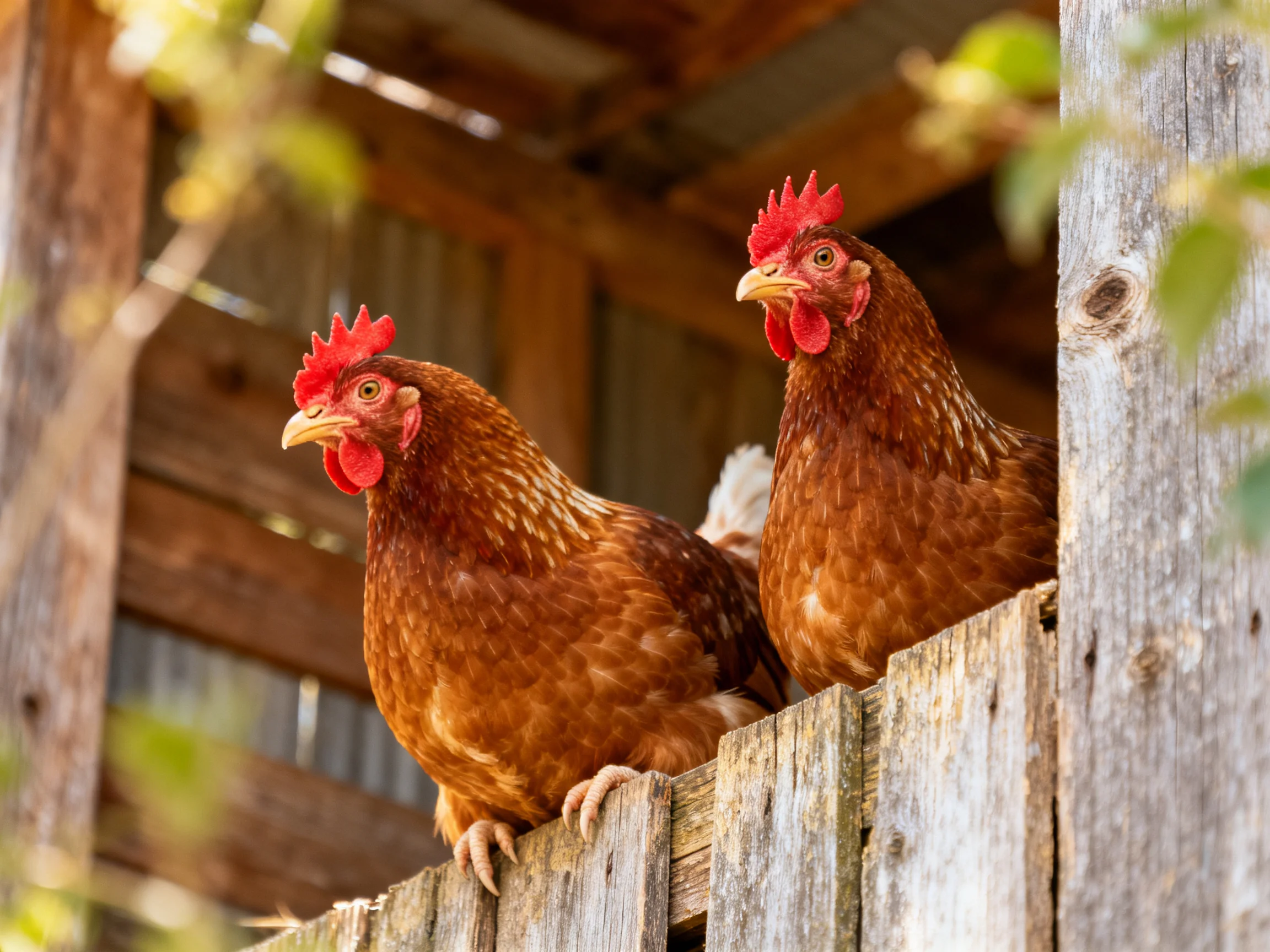 Two reddish-brown hens perch on weathered wood near a rustic wooden coop