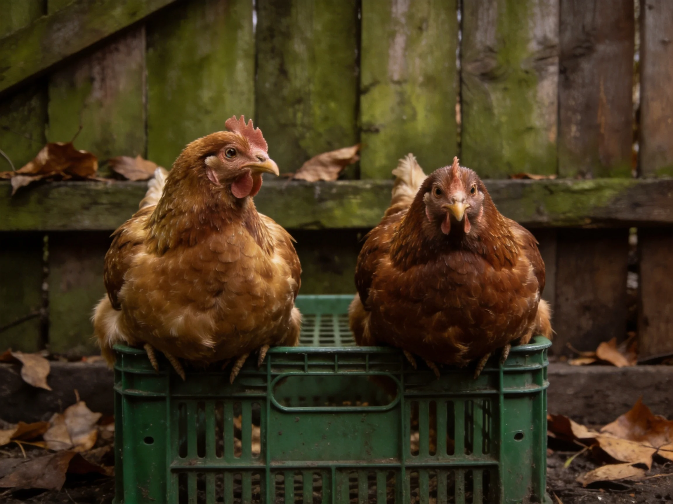 Two reddish-brown hens sit on a green crate beside an aged wooden fence.