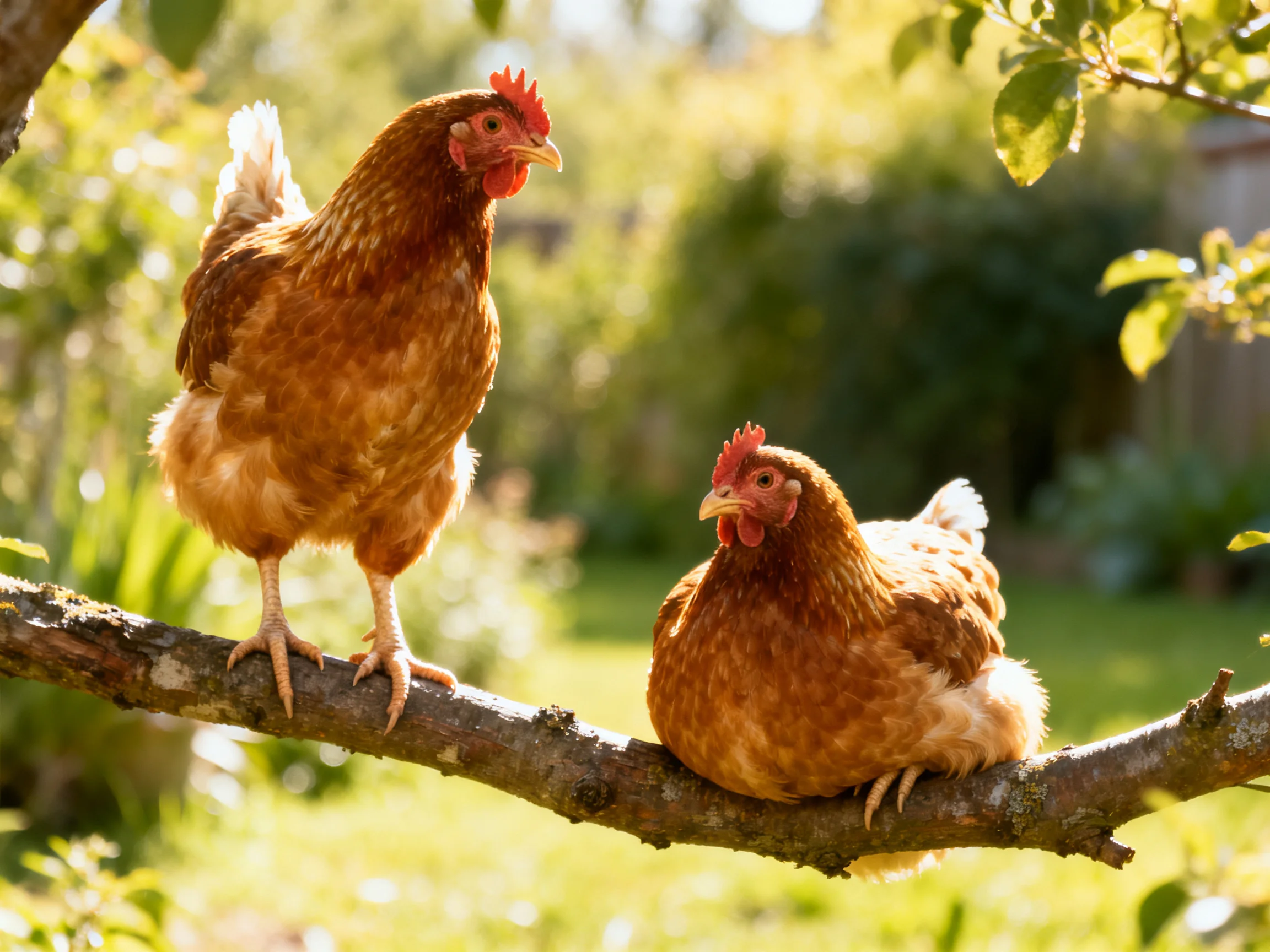 Two reddish-brown hens perched on a tree branch in a sunlit garden