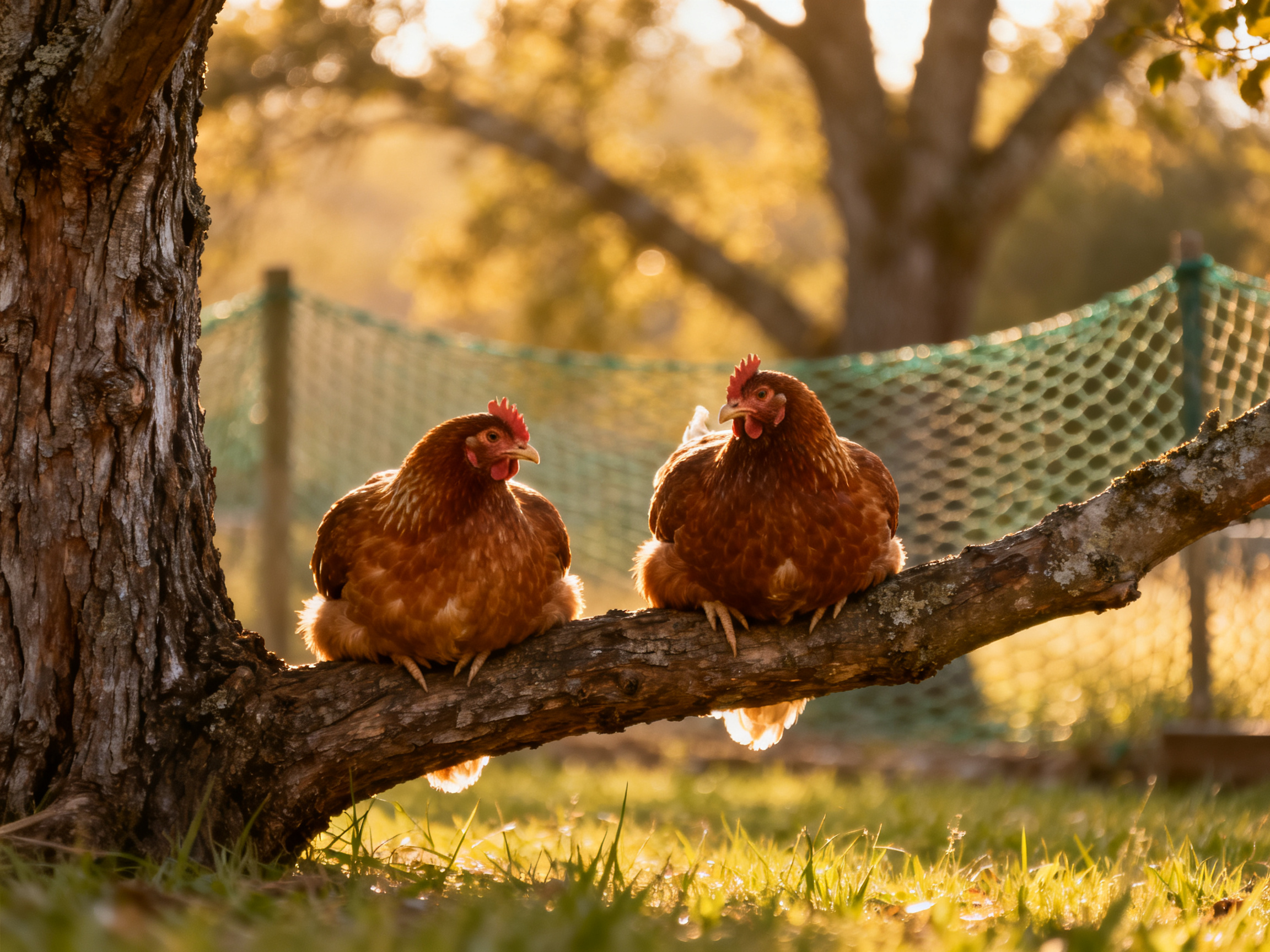 Two reddish-brown hens rest on a gnarled tree branch