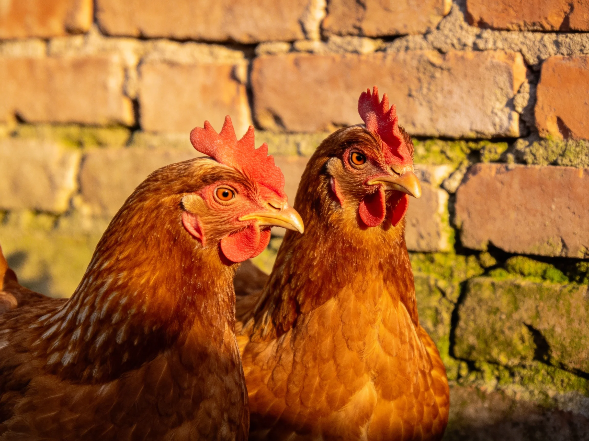 Two reddish-brown hens stand beside an aged stone brick wall