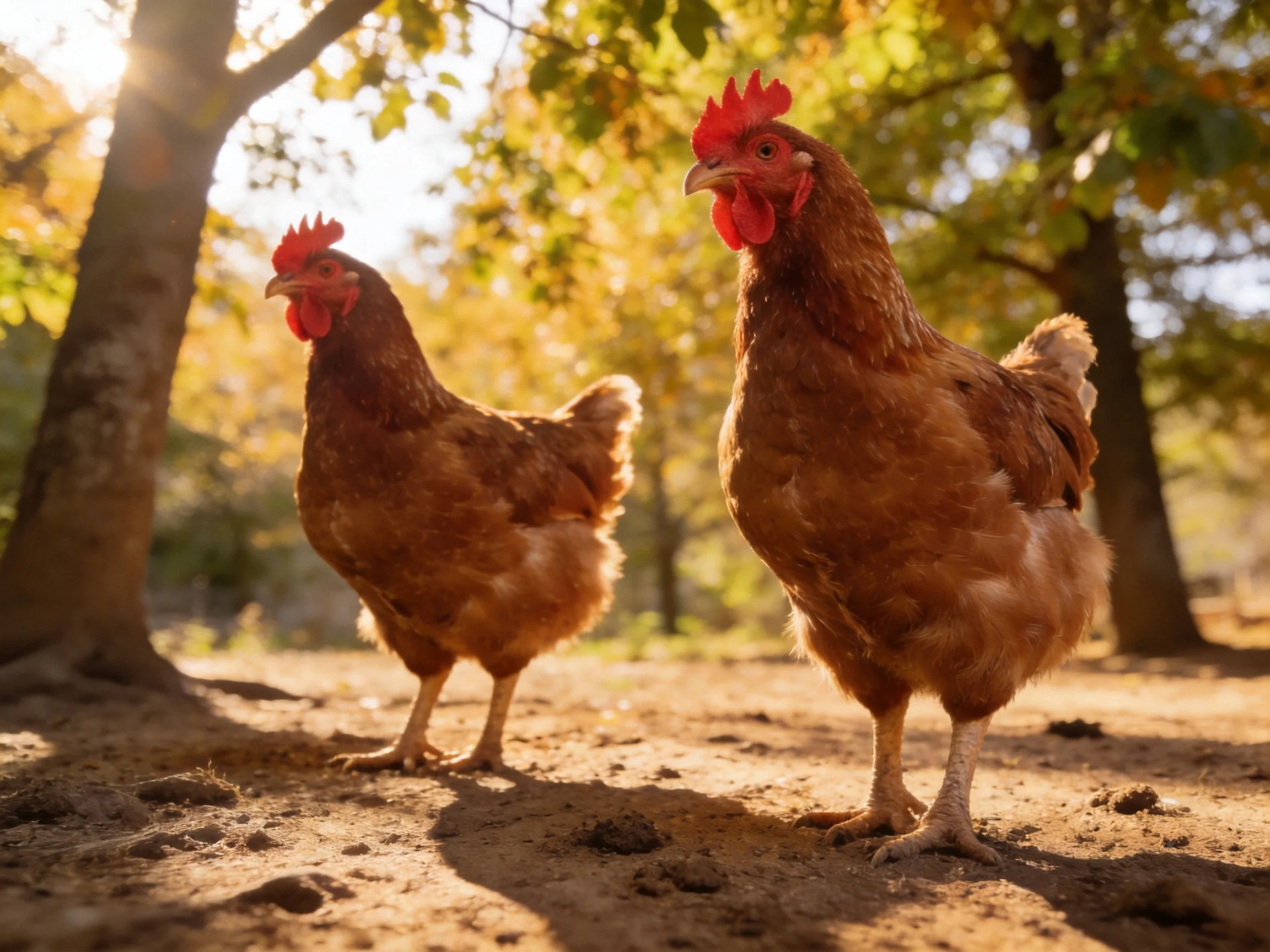 Two reddish-brown hens standing in a sunlit wooded area