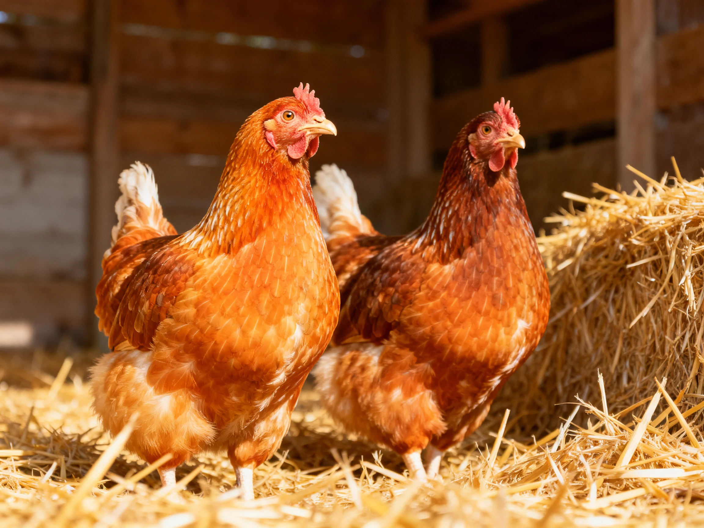 Two reddish-brown hens standing on golden straw in a wooden coop