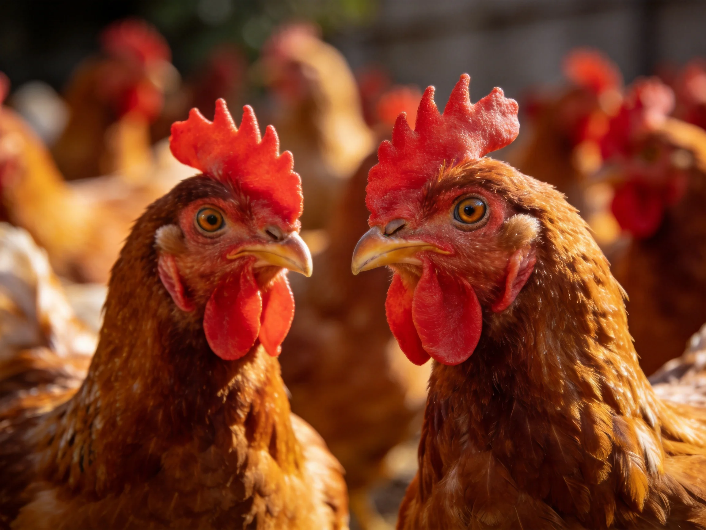 Two reddish-brown hens with bright red combs are central in a large chicken flock.