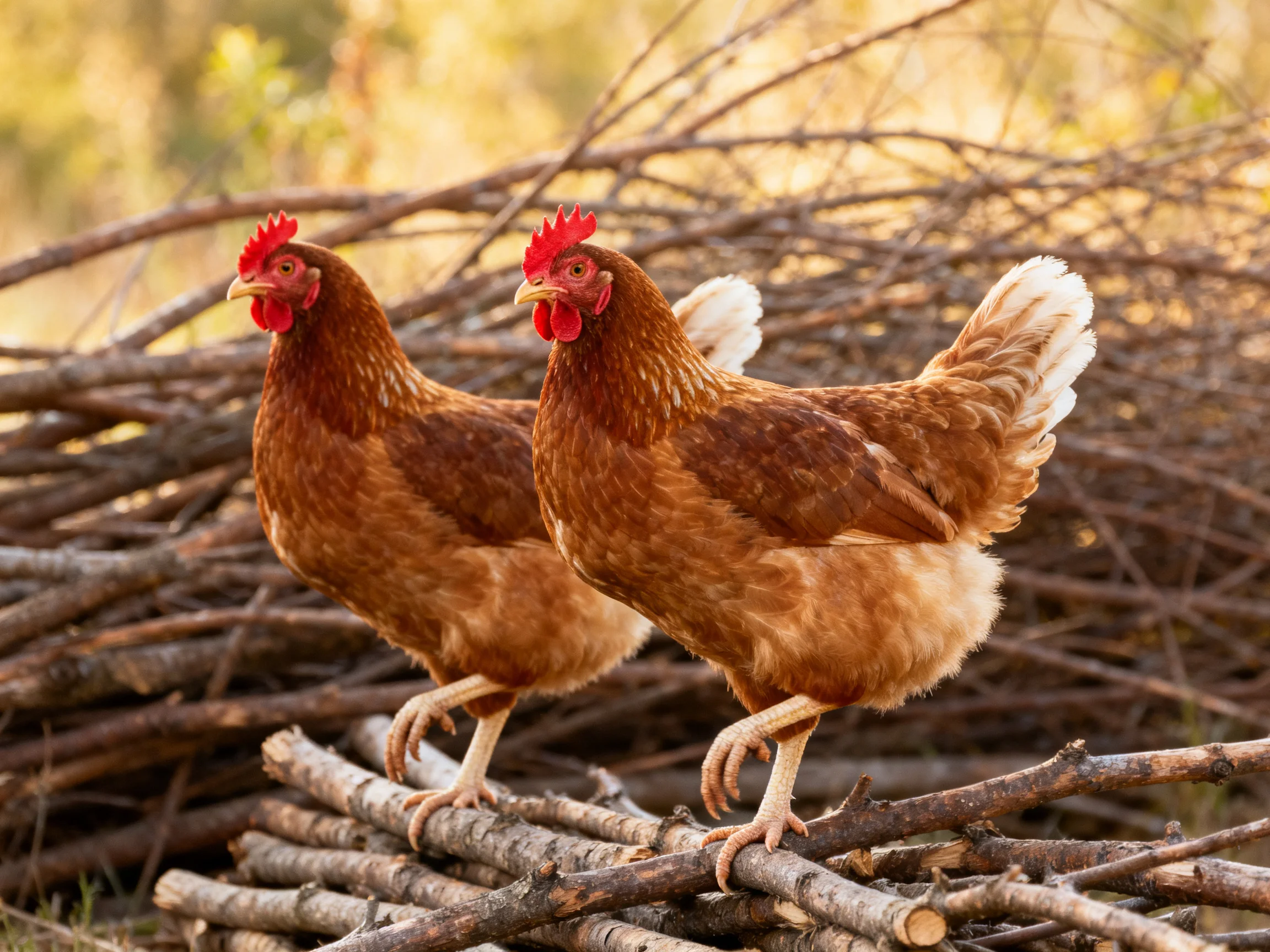 Two reddish-brown hens with bright red combs stand on stacked wooden branches