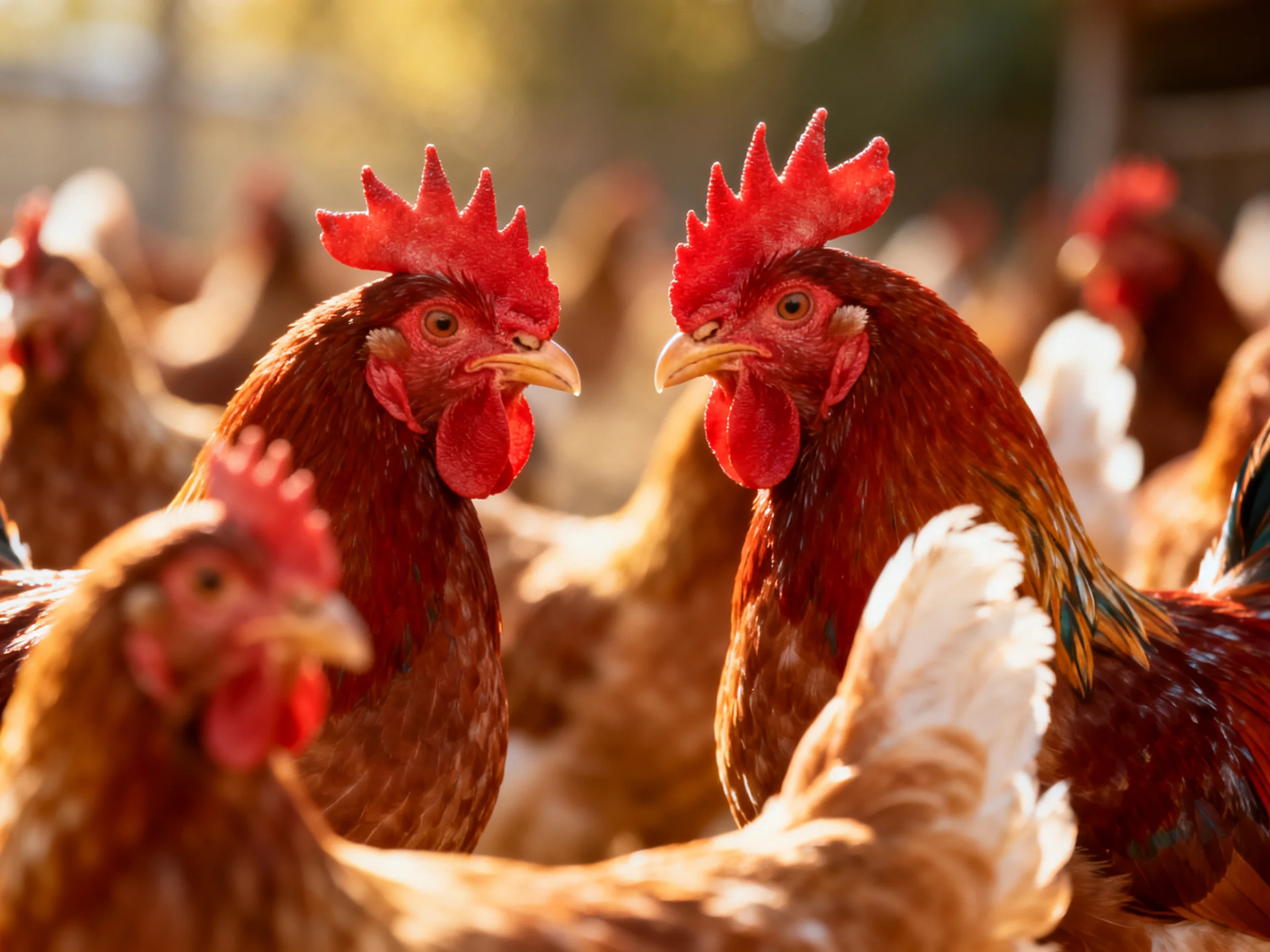 Two reddish-brown roosters face each other among a group of chickens