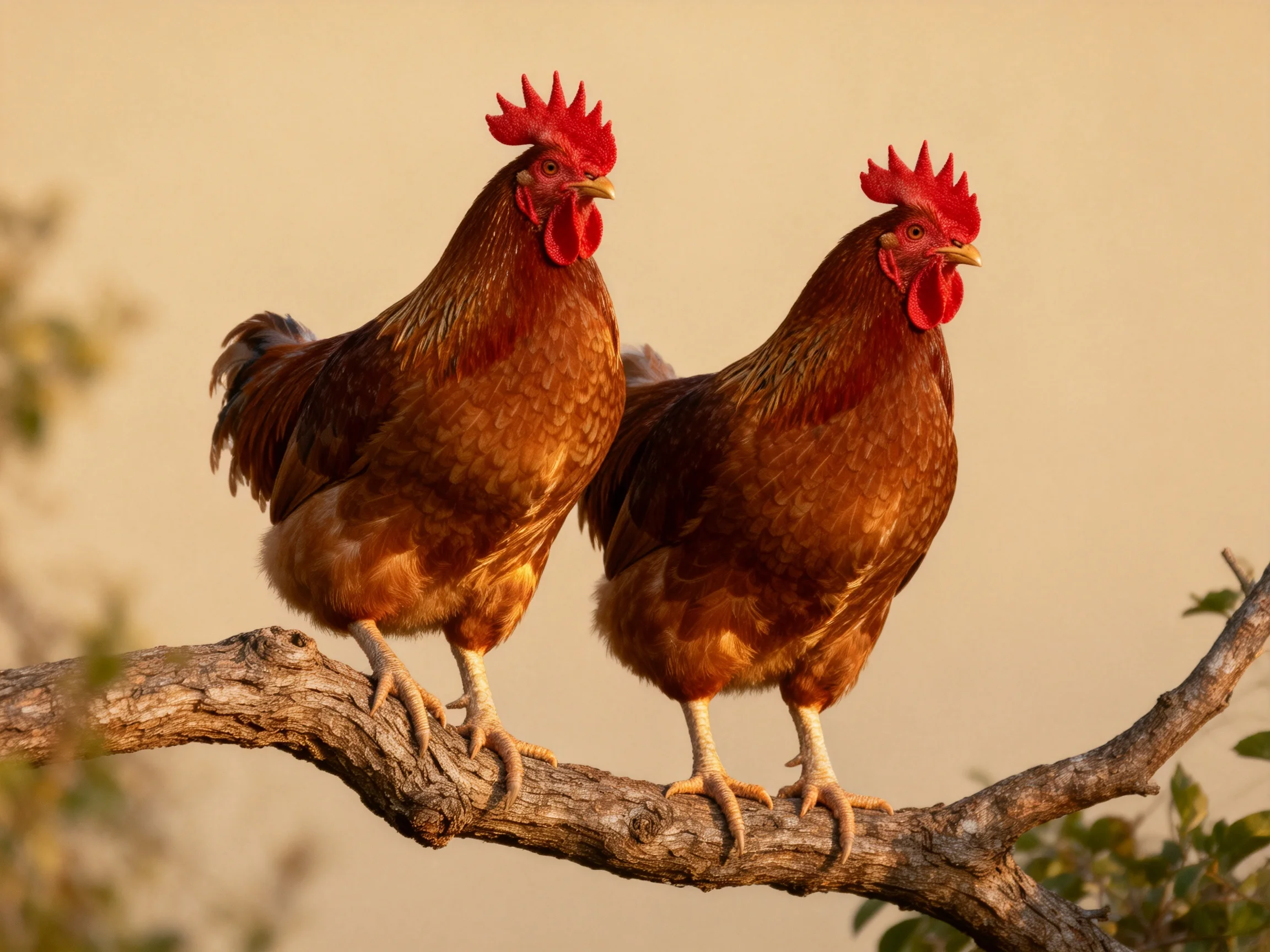 Two reddish-brown roosters perch on a gnarled tree branch