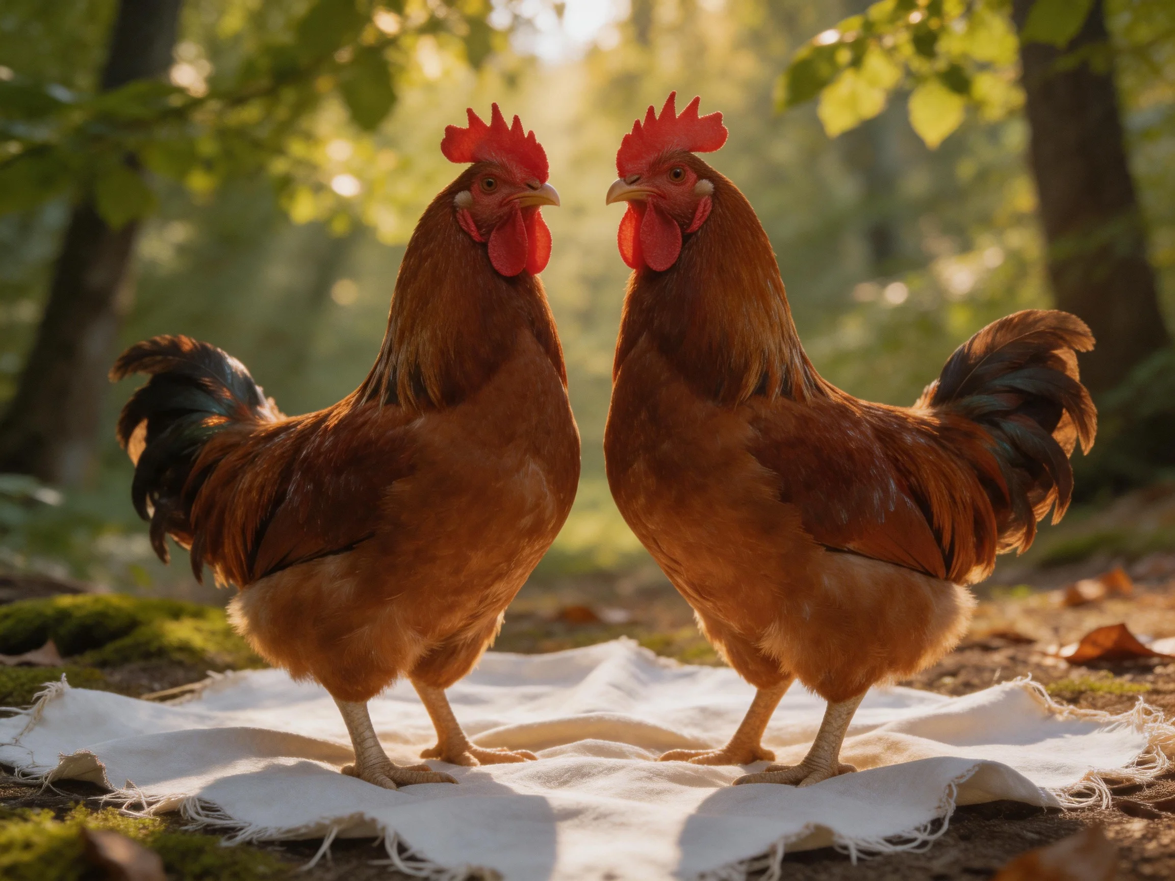 Two reddish - brown roosters stand on a white cloth in a sunlit forest