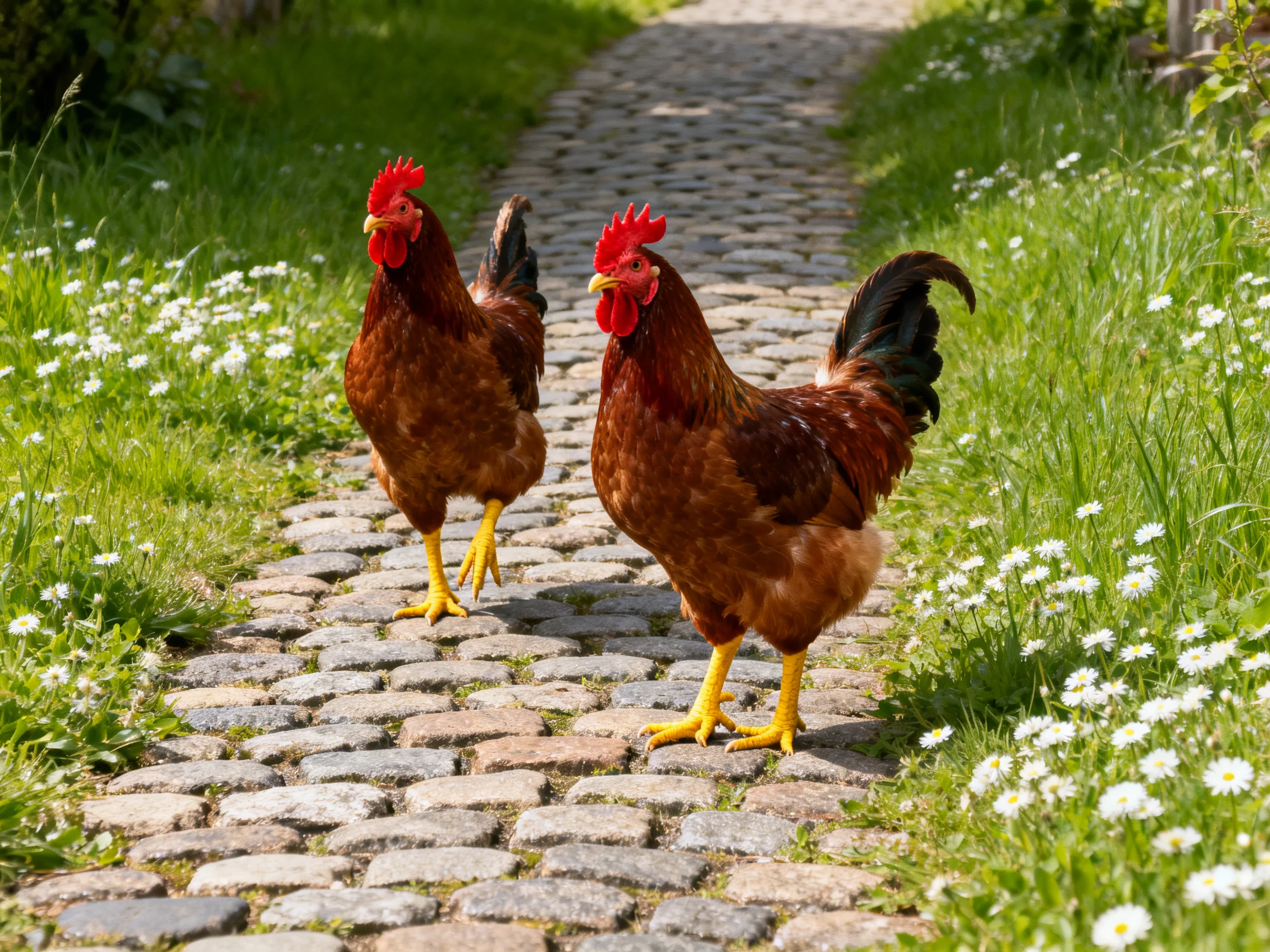 Two reddish-brown roosters walk along a cobblestone path with green grass and white flowers