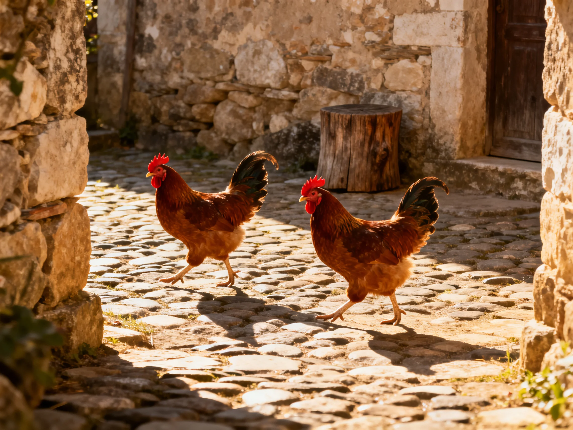 Two reddish-brown roosters walk along a sunlit cobblestone path near ancient stone walls