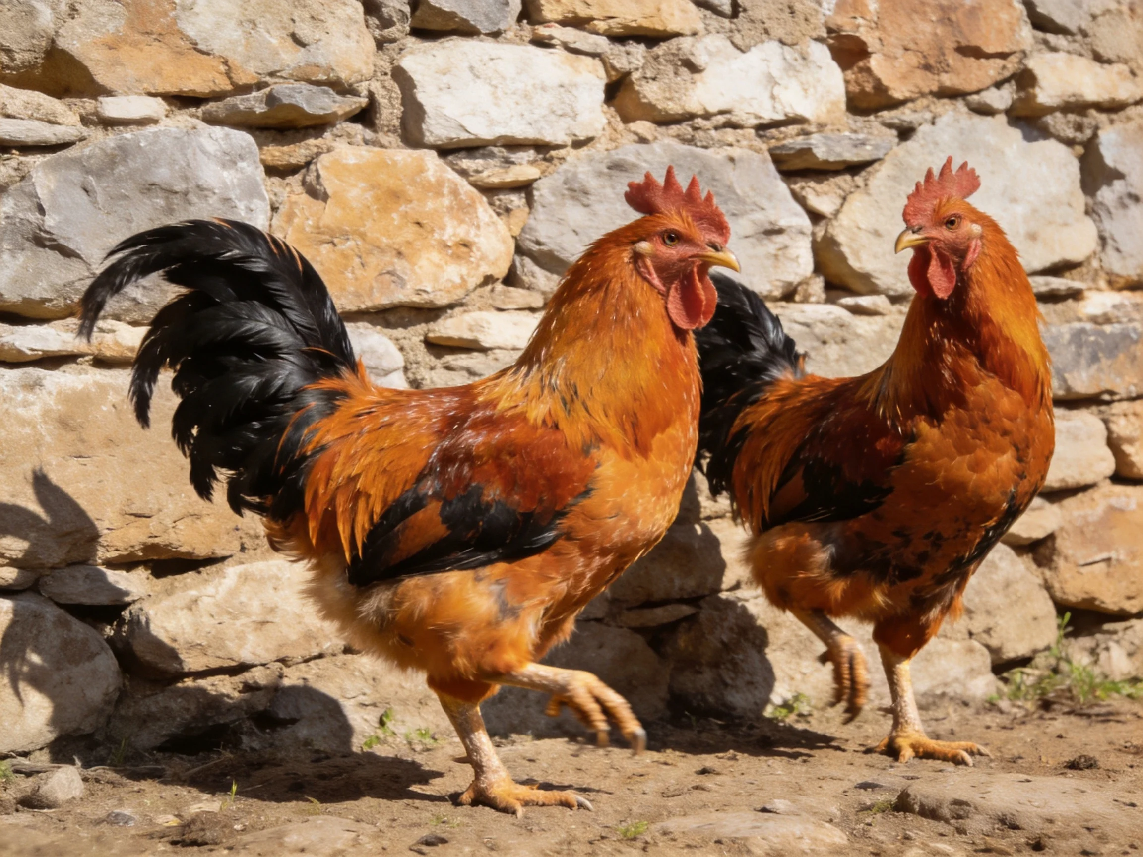 Two reddish-brown roosters with black tail feathers near a weathered stone wall