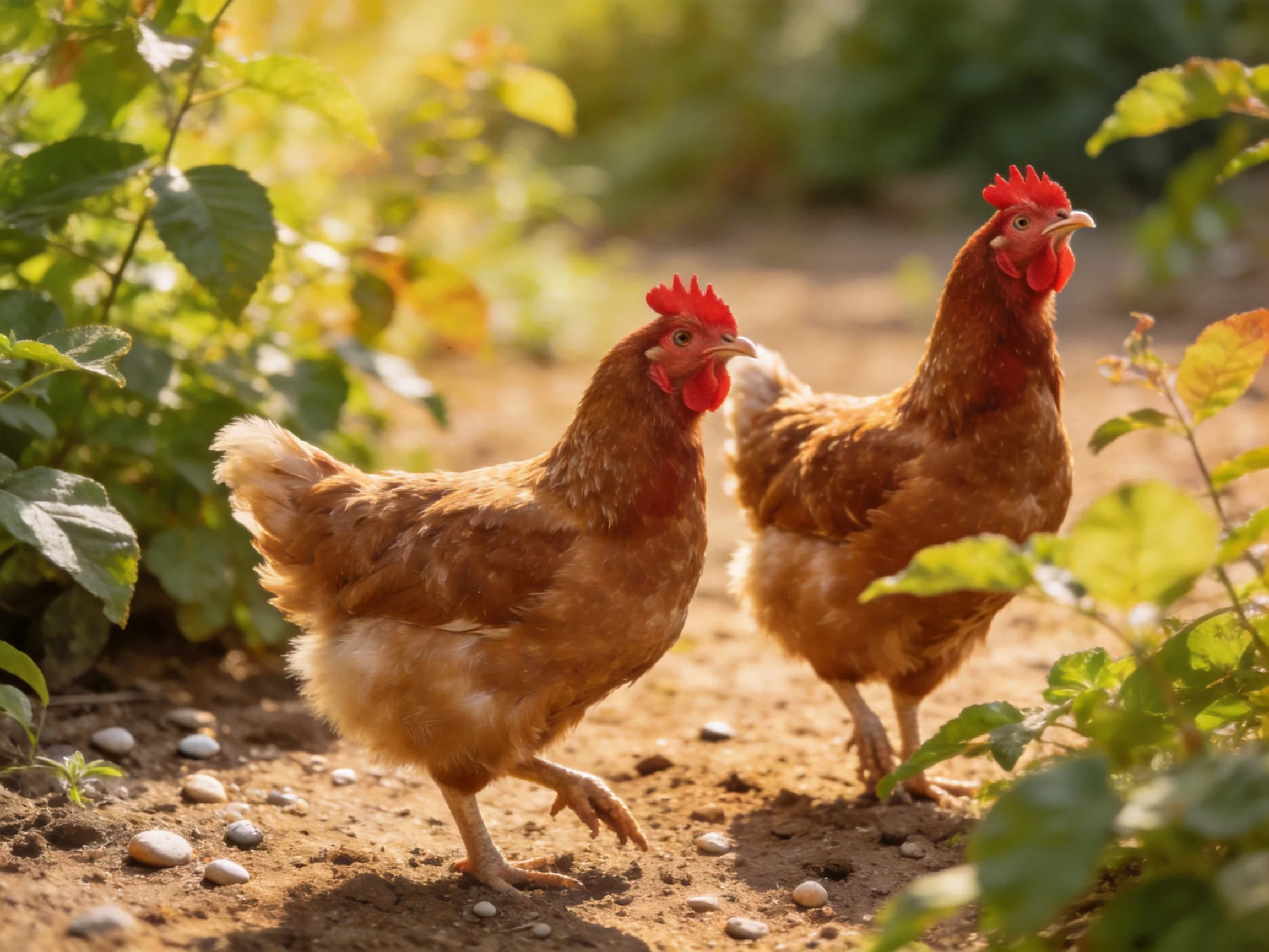 Two reddish-brownhens explore a sunlit garden path with green foliage