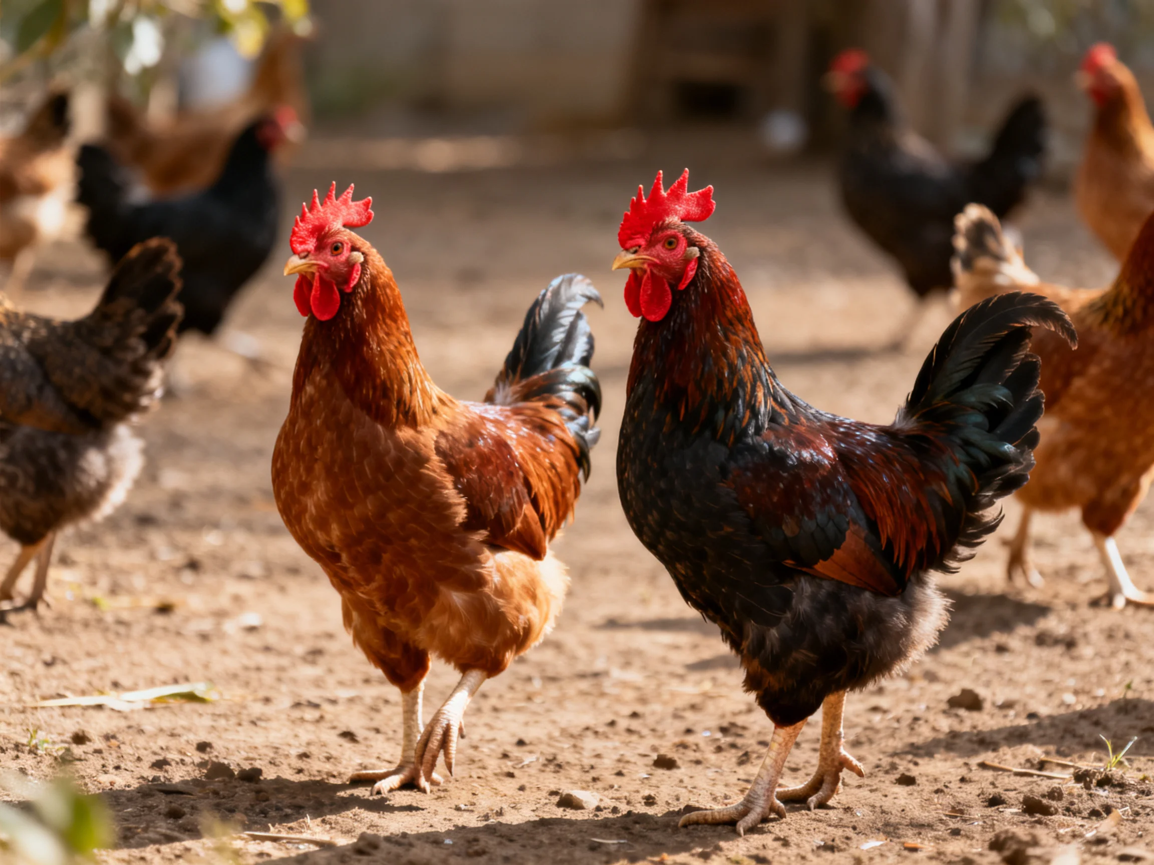 Two roosters, one brown and one black, with chickens on a sunlit dirt farm