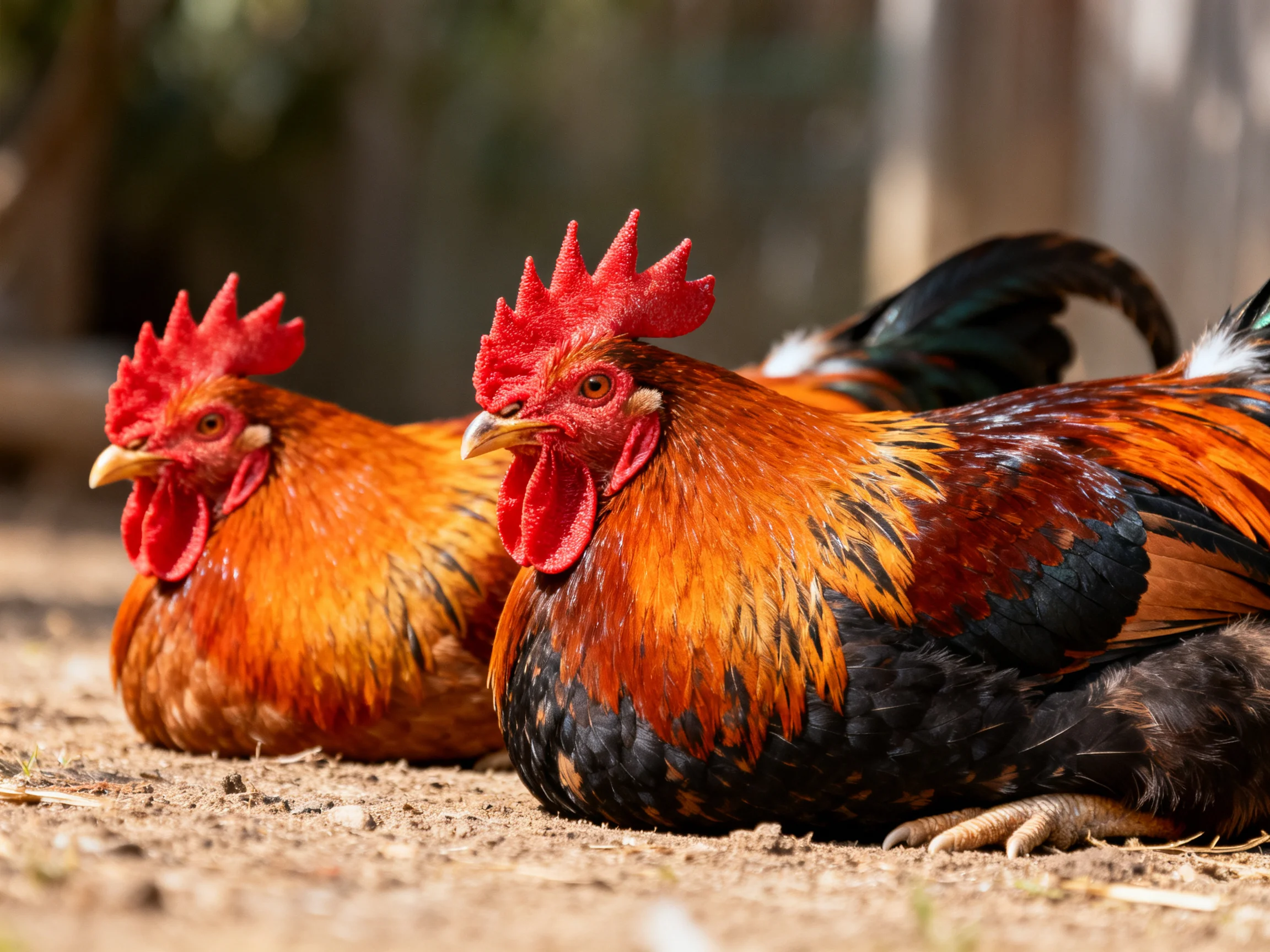 Two roosters with bright red combs rest on sandy ground
