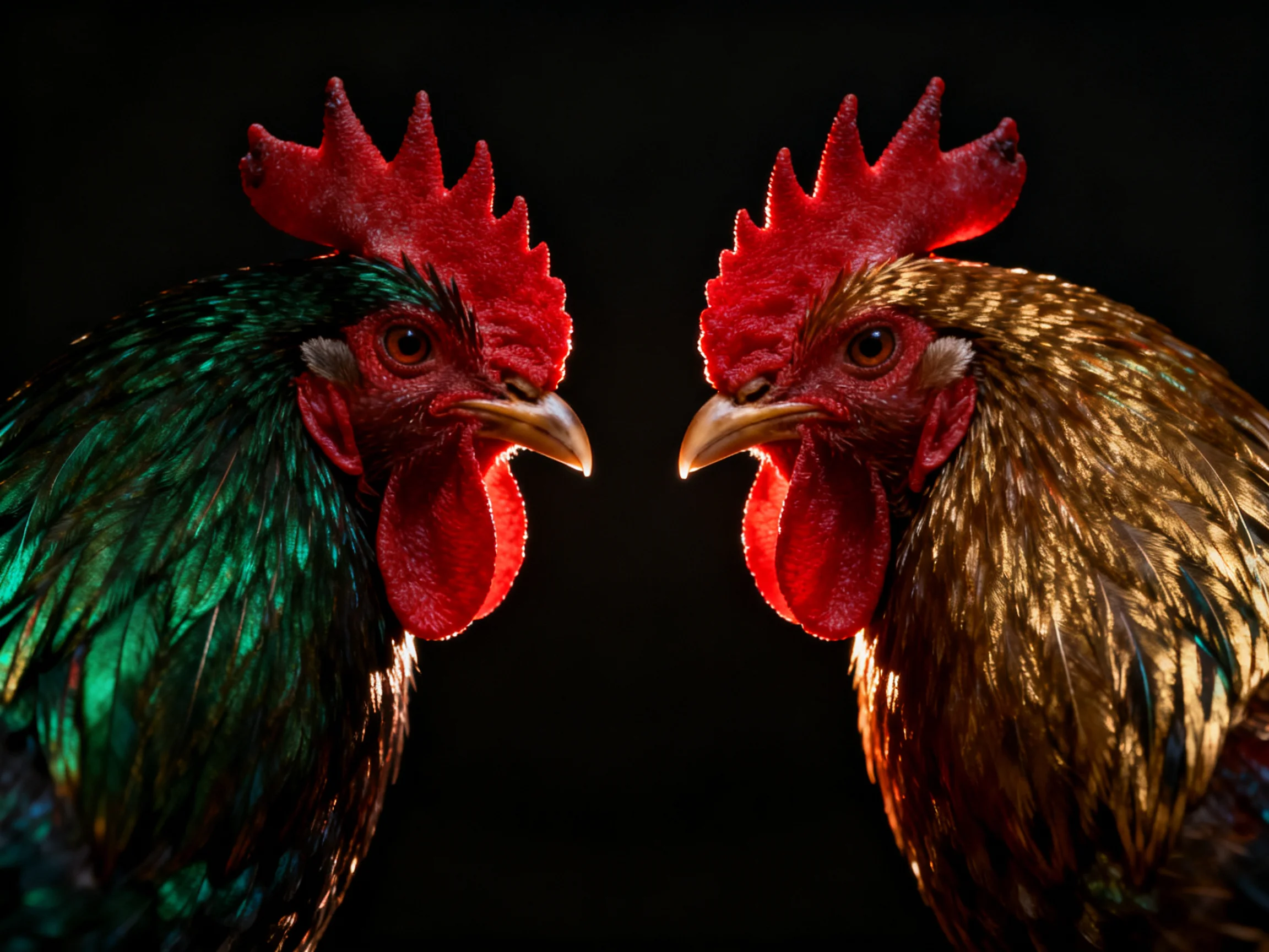 Two roosters with green and brown plumage face each other against a dark backdrop