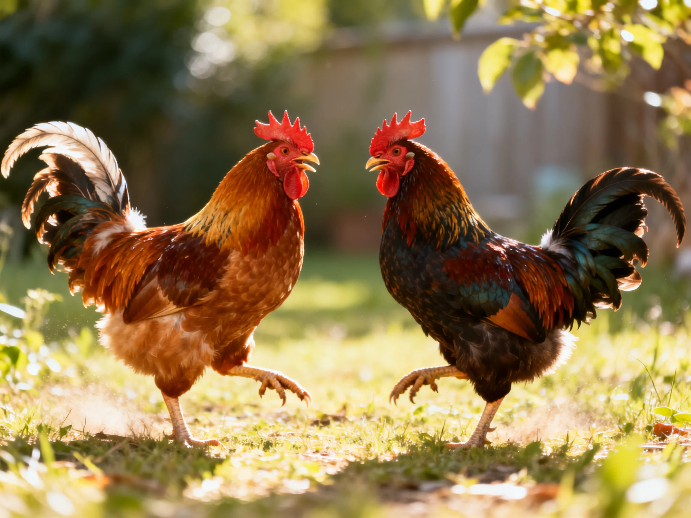 Two roosters with red combs face each other in a sunlit outdoor area