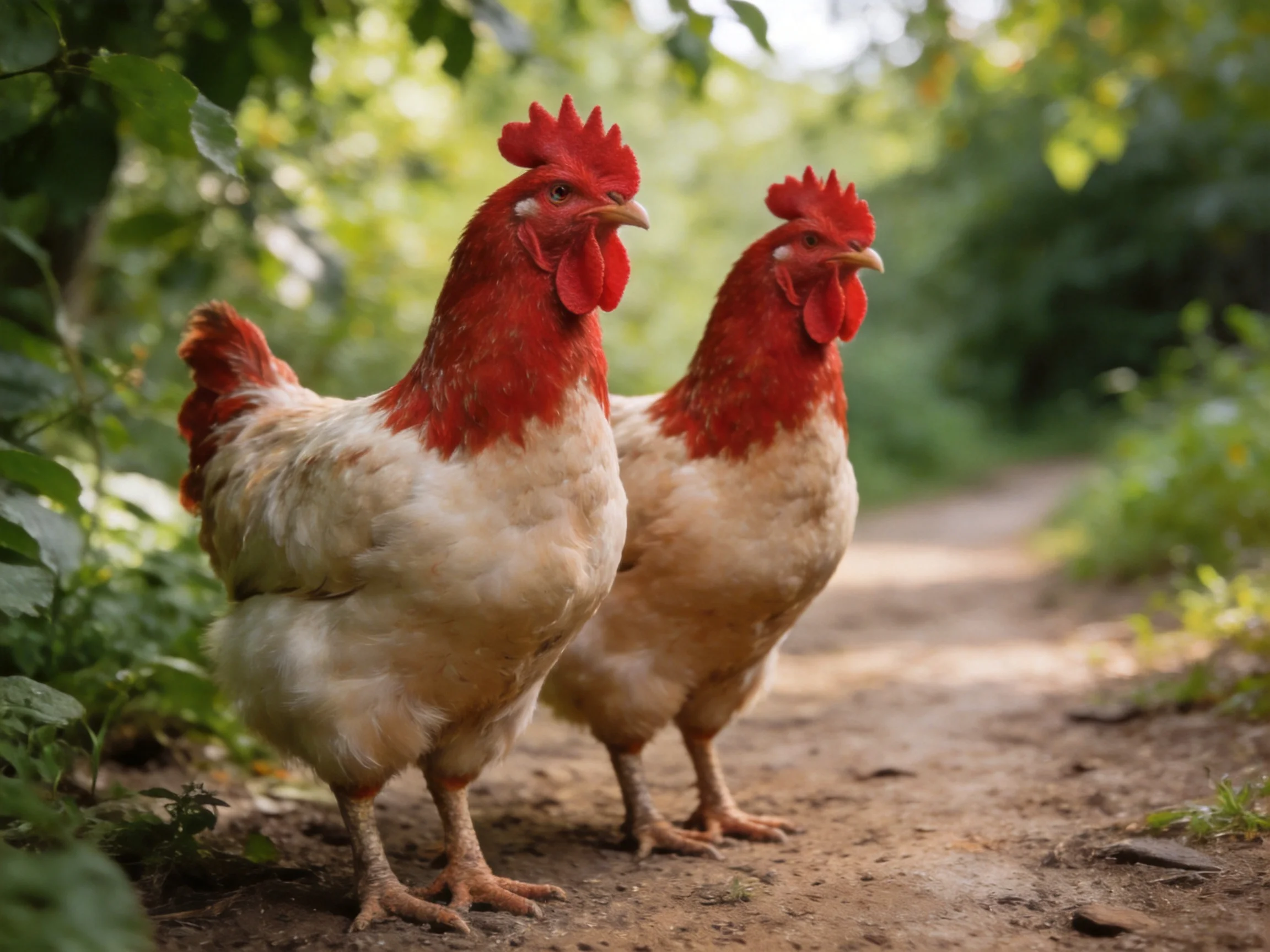 Two roosters with red combs stand on a dirt path near greenery