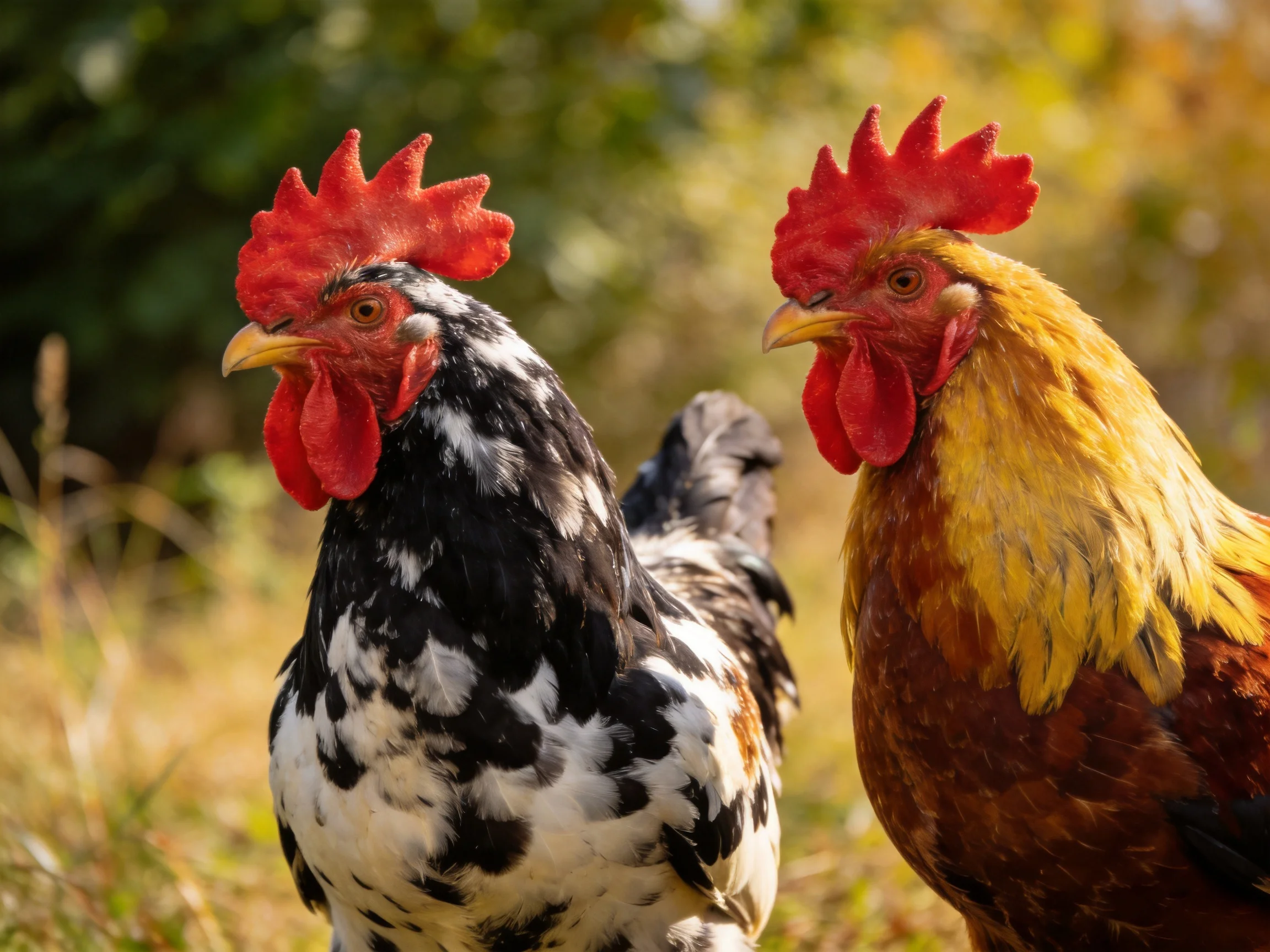 Two roosters with contrasting feather patterns are outdoors in natural light.