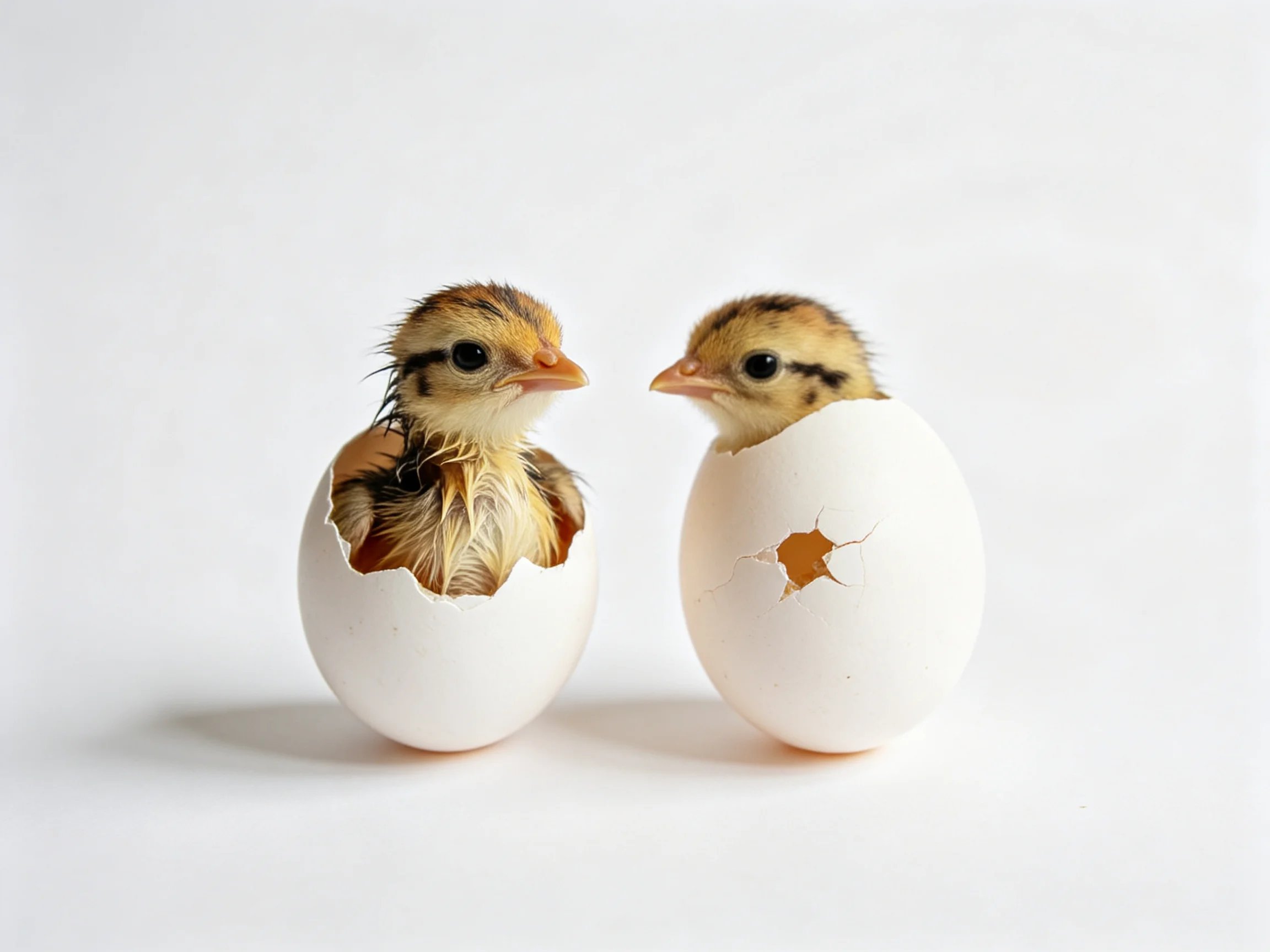 Two small yellow-brown chicks hatching from white eggshells