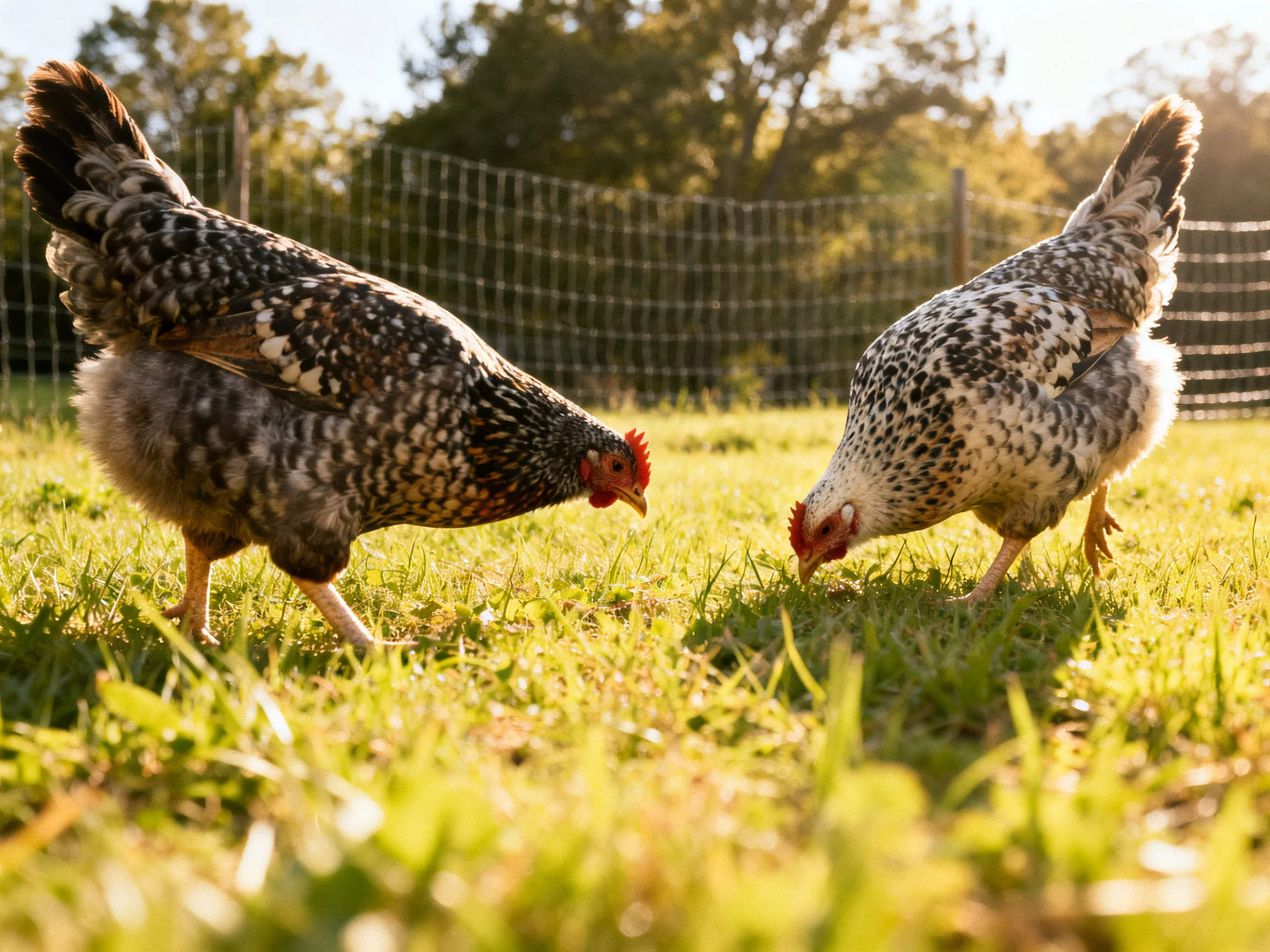 Two speckled chickens foraging in a sunlit fenced pasture
