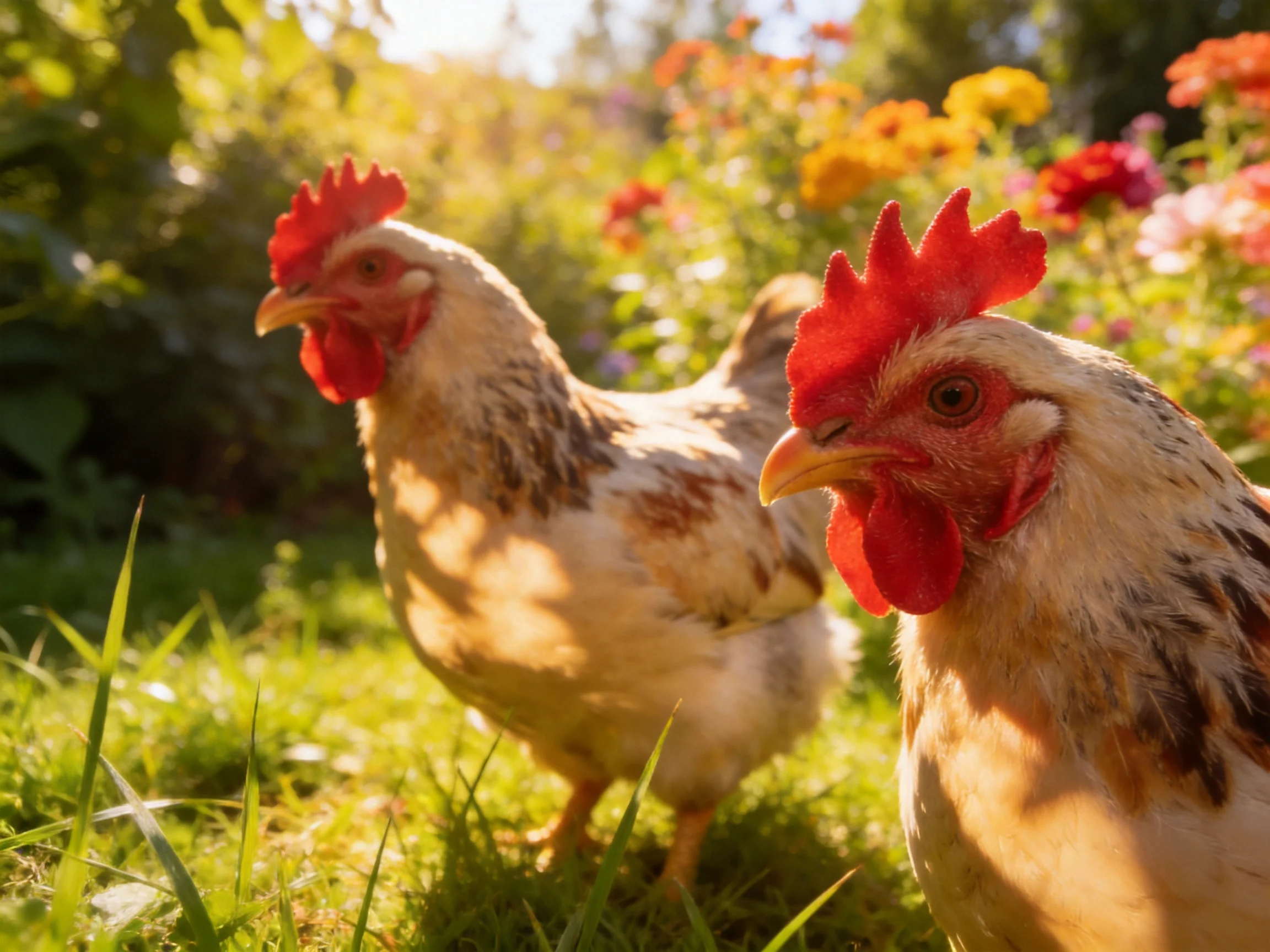 Two speckled chickens wander through a sunlit garden with colorful flowers