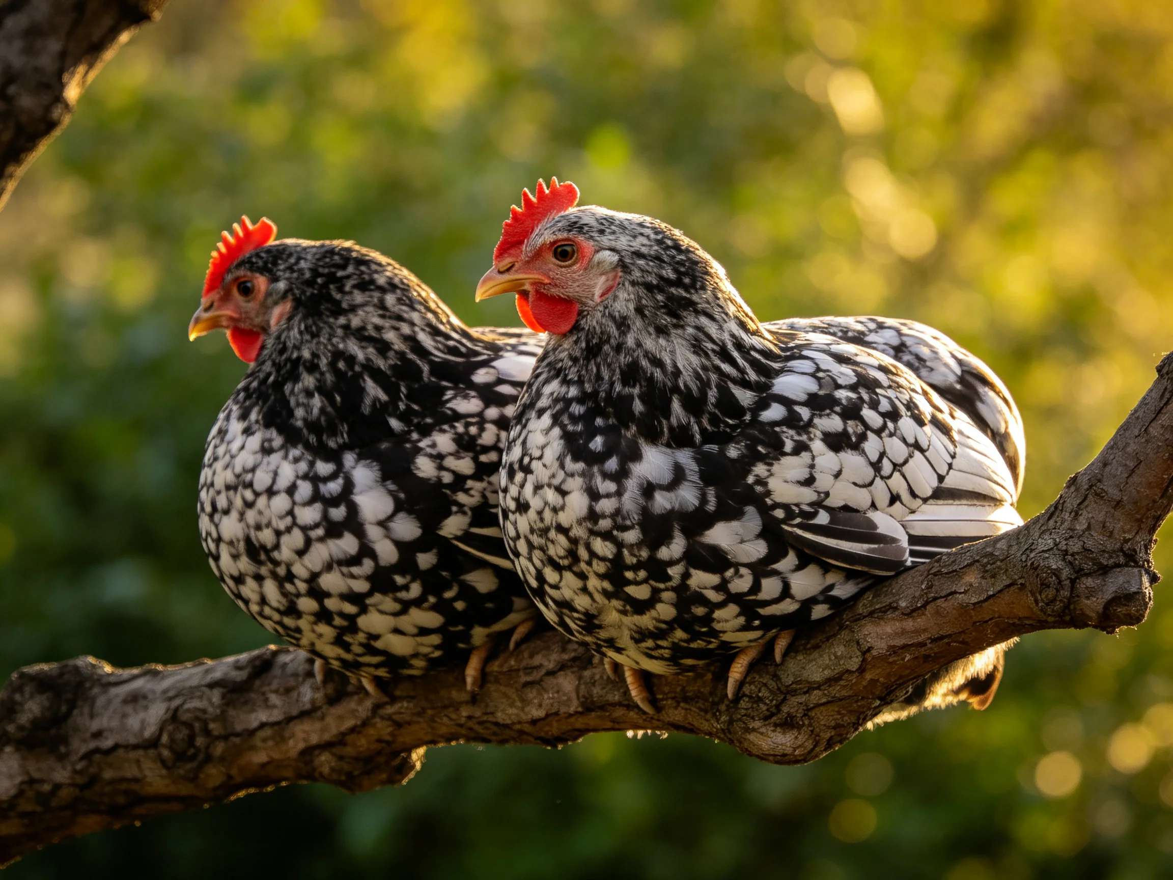 Two speckled hens rest on a gnarled tree branch in golden light
