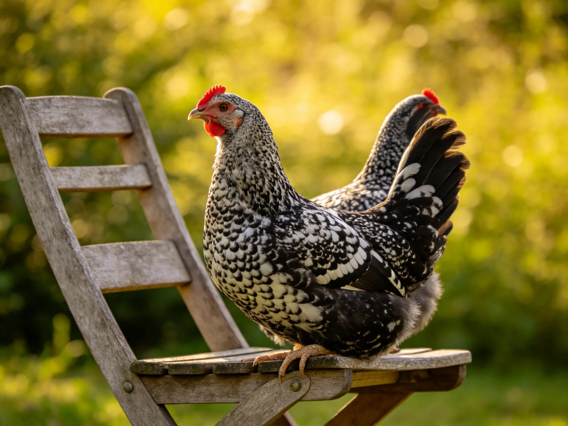 Two speckled hens sit on a weathered wooden chair outdoors