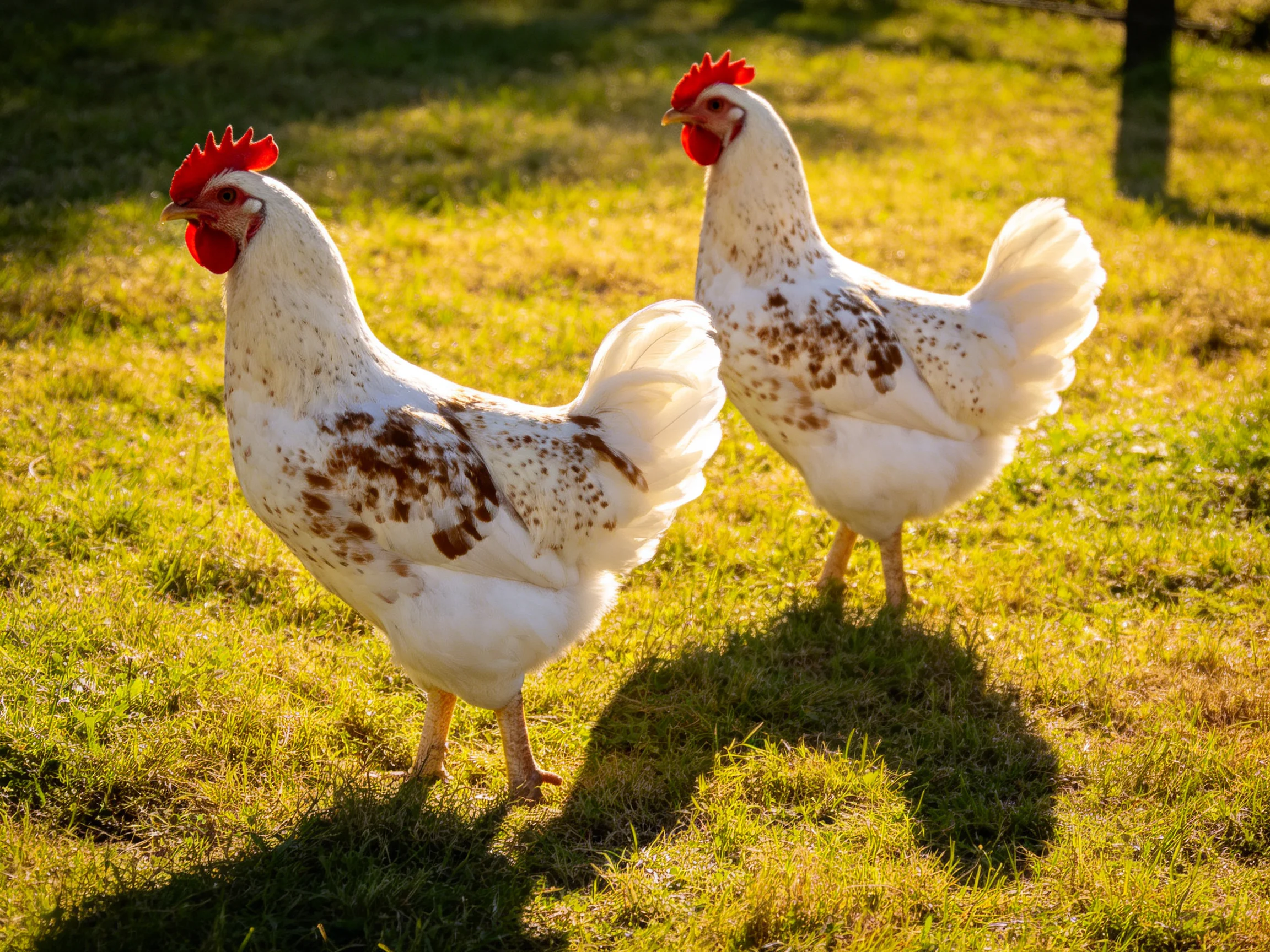 Two speckled hens with red combs stroll on sunlit grass