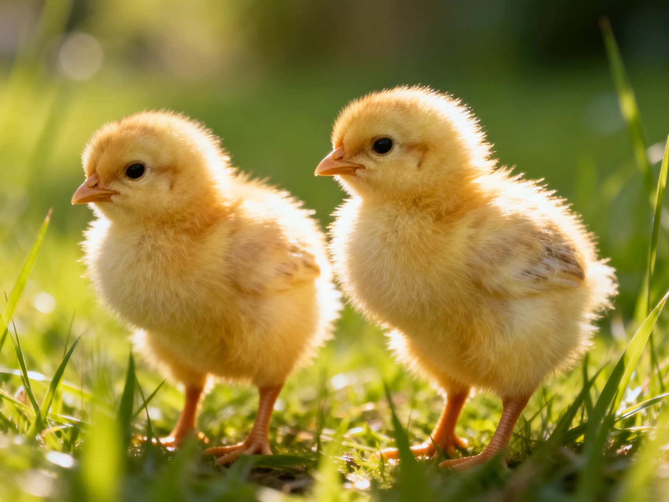 Two tiny yellow chicks standing on lush green grass bathed in sunlight