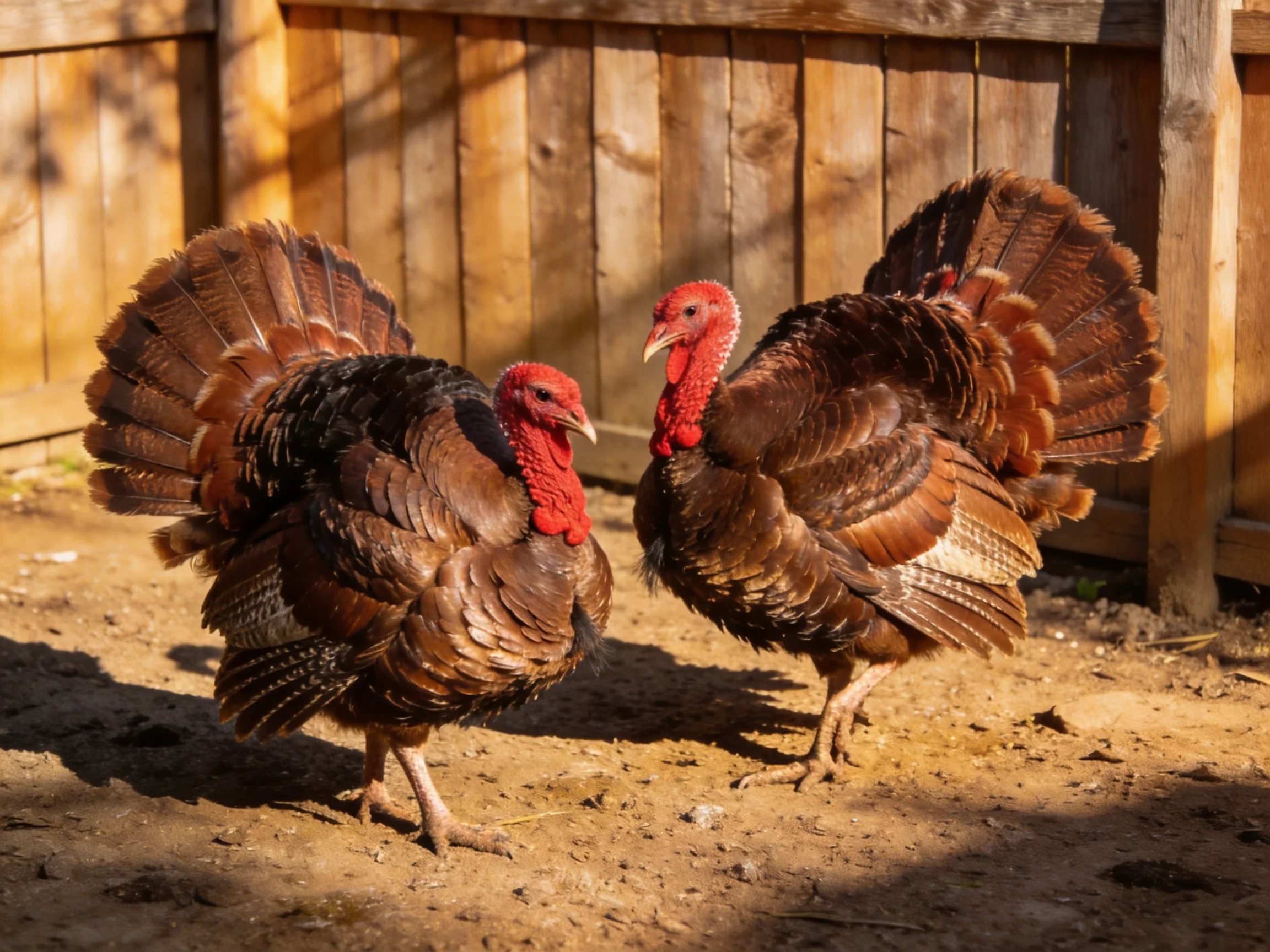 Two turkeys with red heads and brown plumage near wooden fence