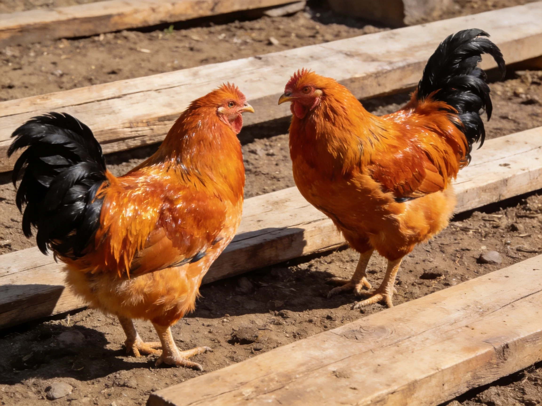 Two vibrant orange chickens with black tail feathers near wooden planks