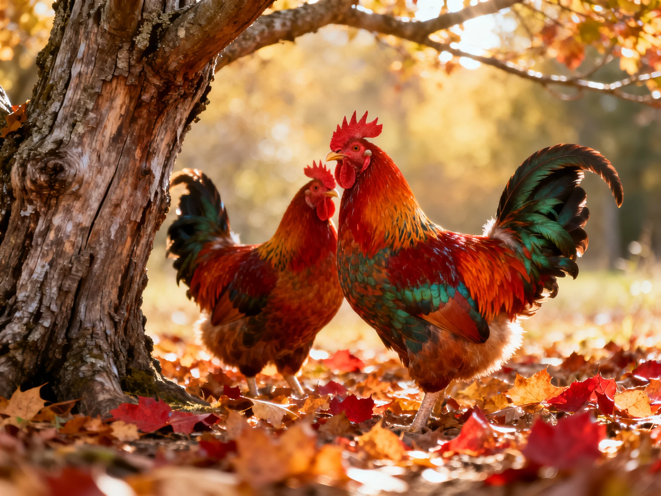 Two vibrant roosters amidst autumn leaves near an aged tree trunk