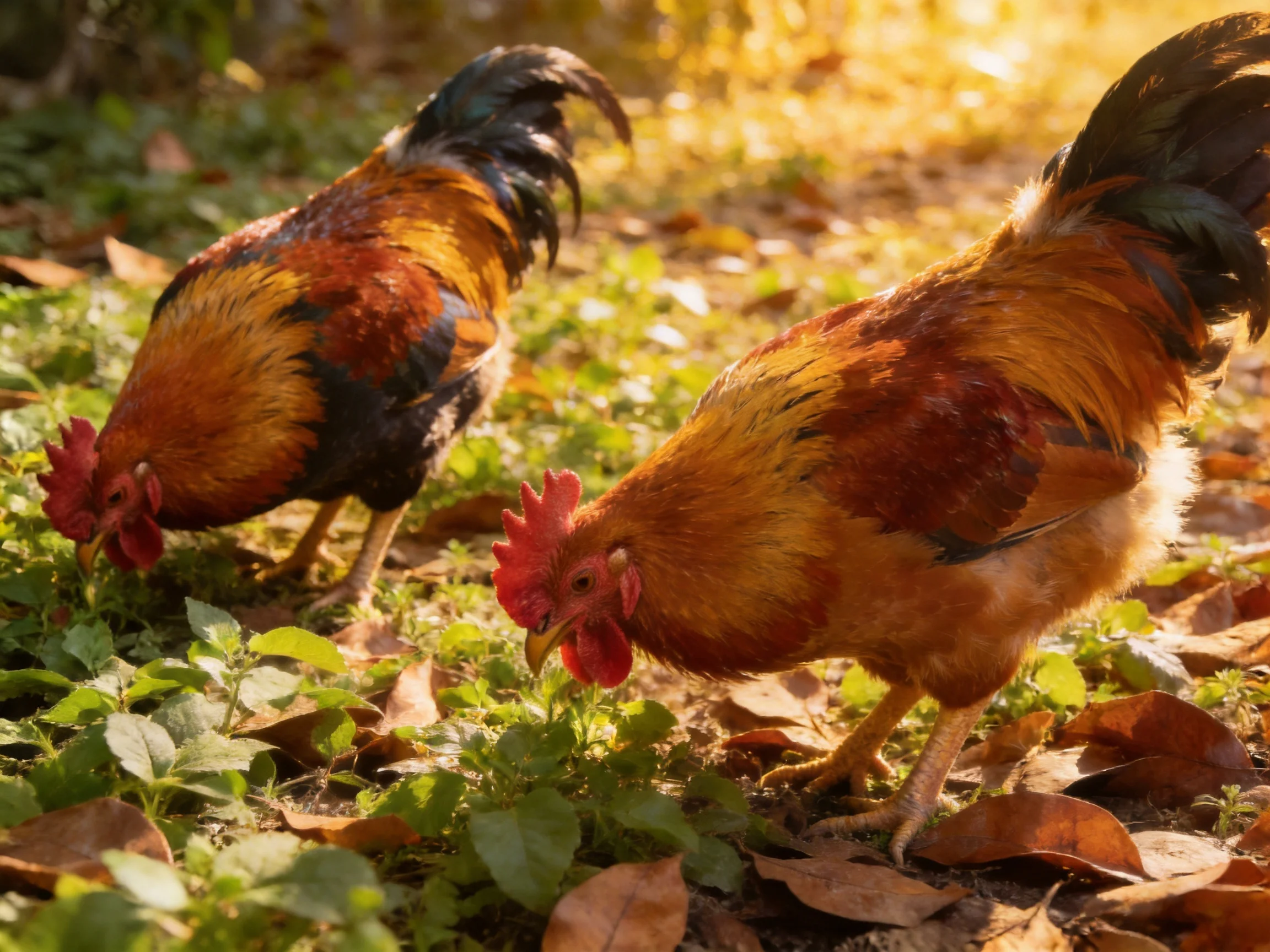 Two vibrant roosters foraging among greenery and fallen leaves