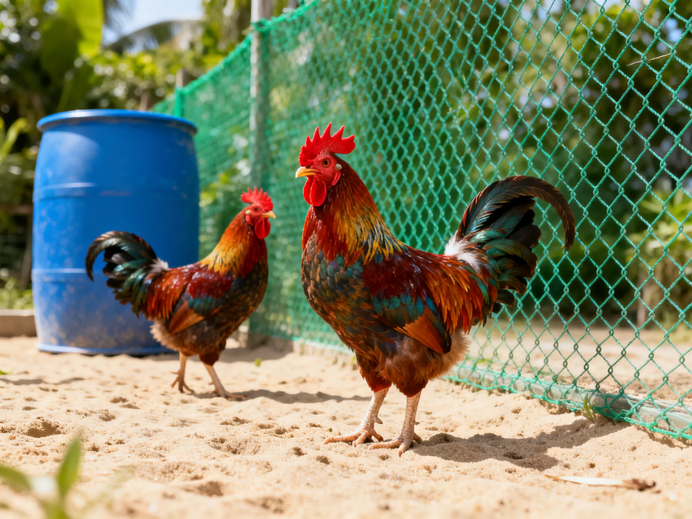 Two roosters stand on sandy ground near a green fence and blue barrel