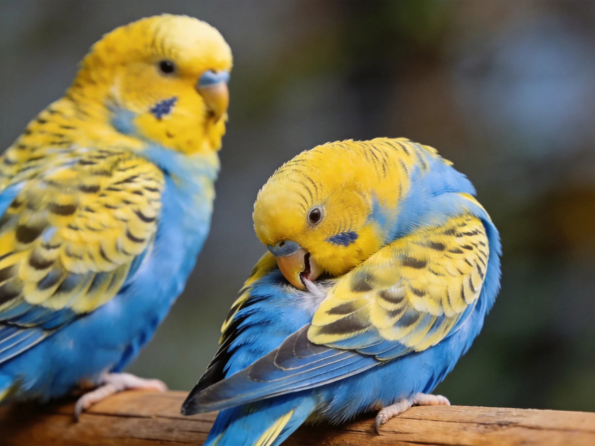 Two vibrant yellow and blue budgerigars on a wooden perch