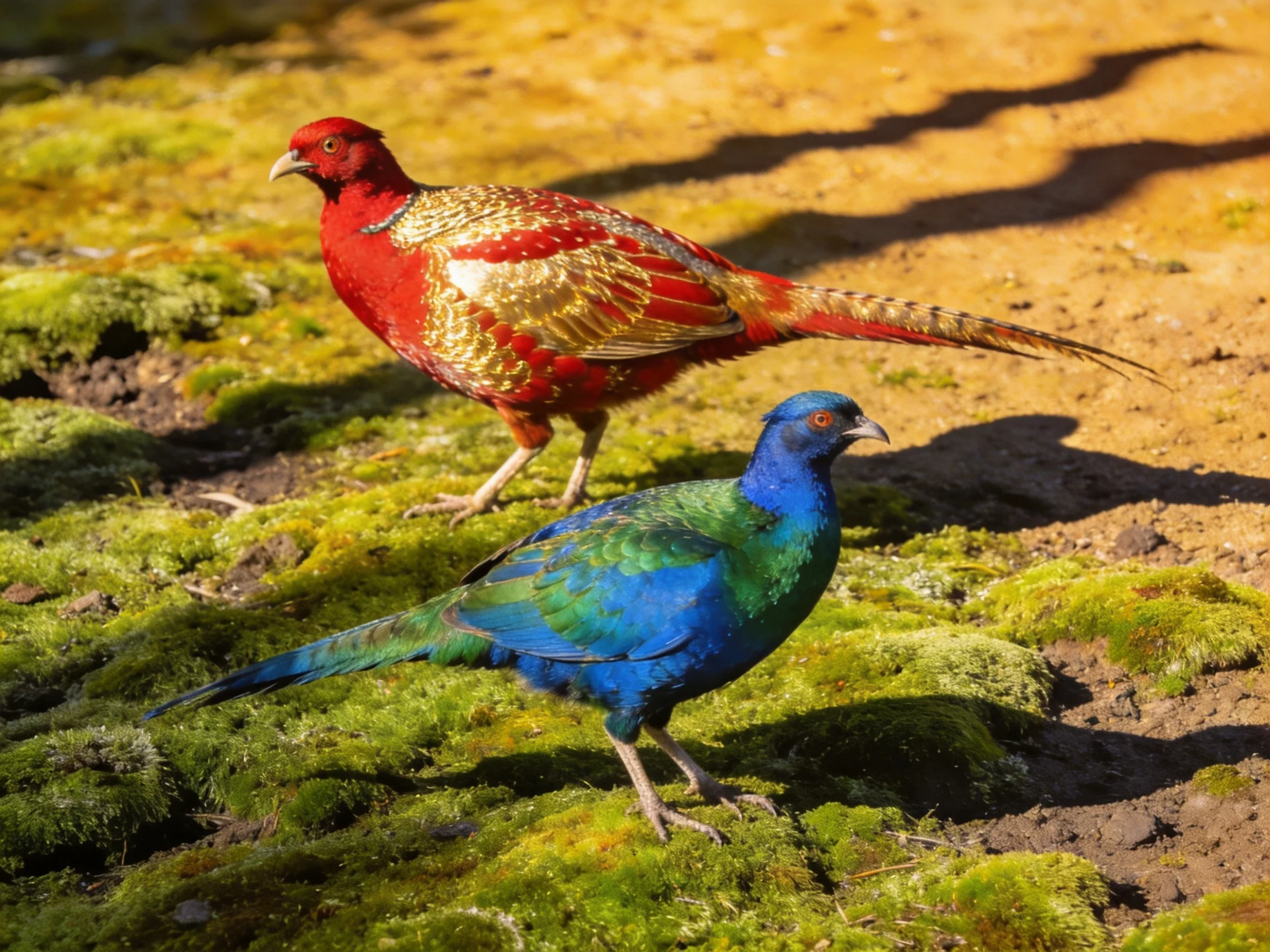 Two vibrantly colored pheasants, one red-gold and one blue-green, on mossy ground