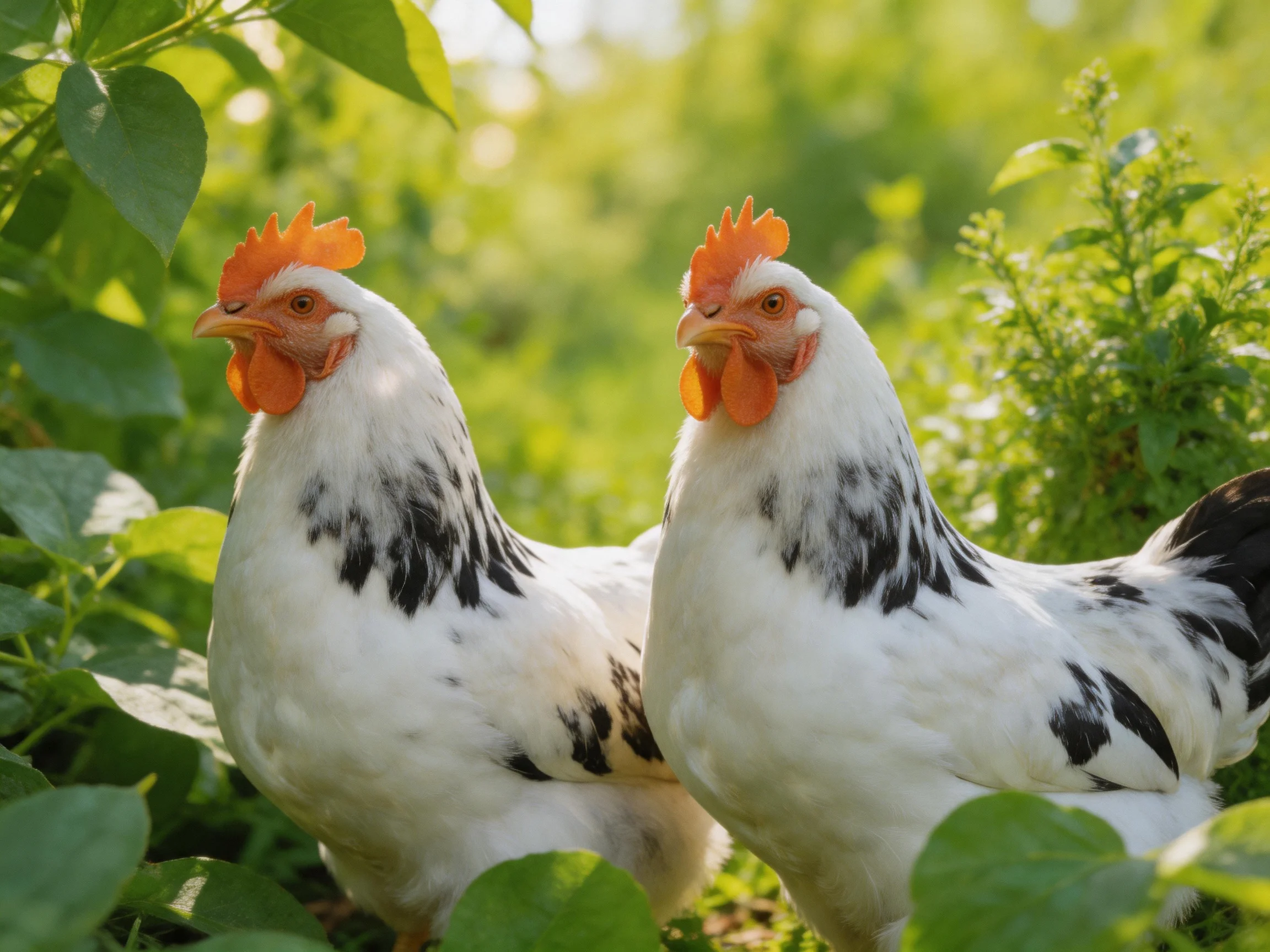 Two white and black chickens with orange combs in lush green foliage